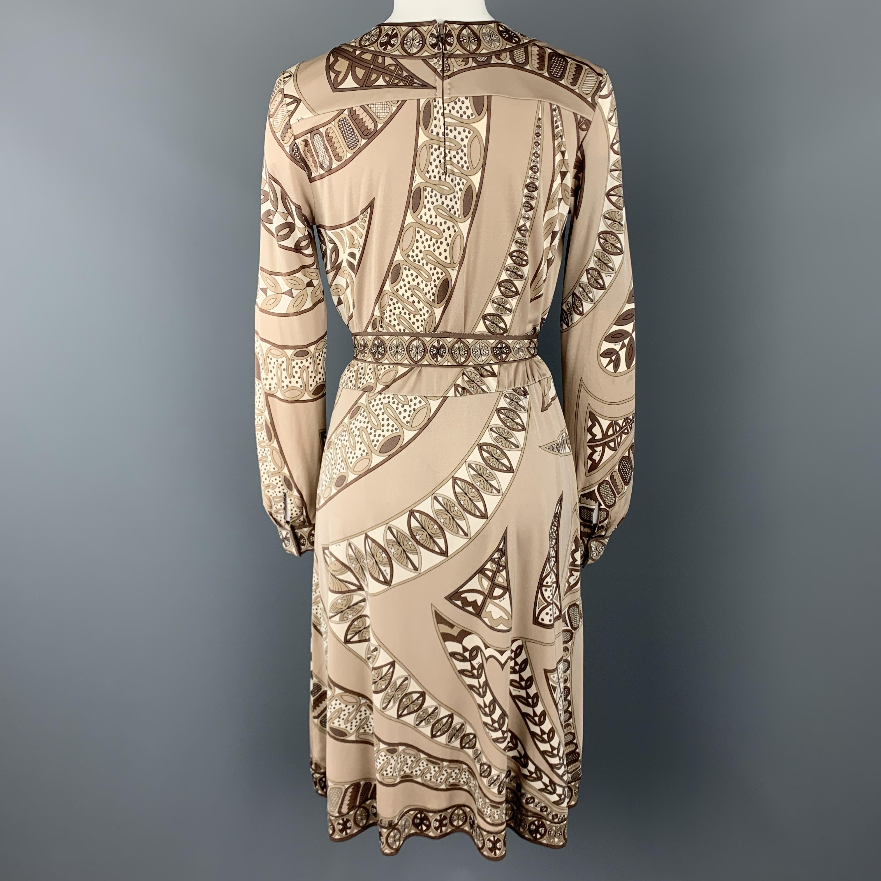 EMILIO PUCCI Vintage Size 8 Taupe Print Silk Long Sleeve Shift Dress In Fair Condition In San Francisco, CA
