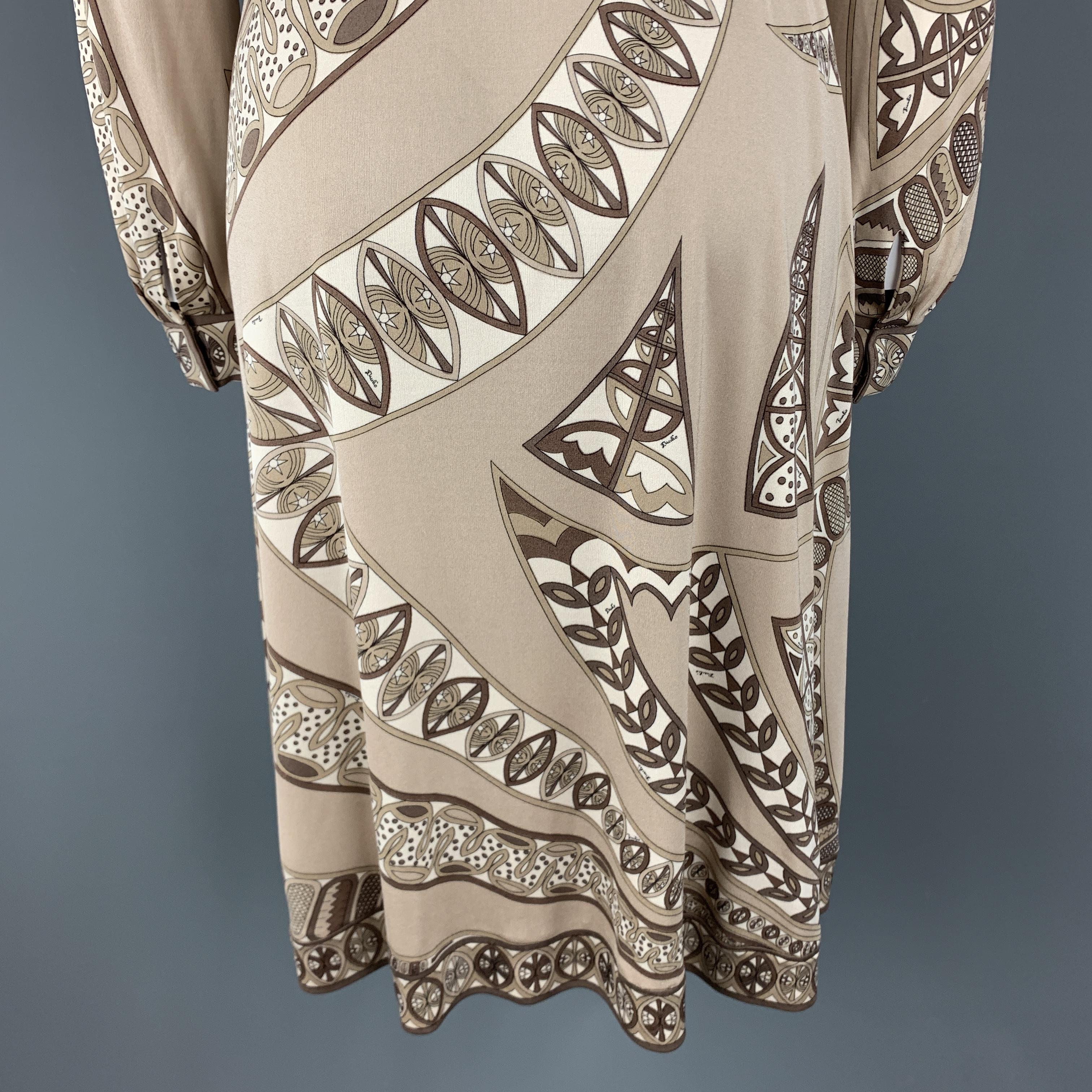 Women's EMILIO PUCCI Vintage Size 8 Taupe Print Silk Long Sleeve Shift Dress