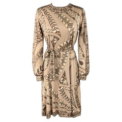 EMILIO PUCCI Vintage Größe 8 Taupe Print Silk Long Sleeve Shift Dress