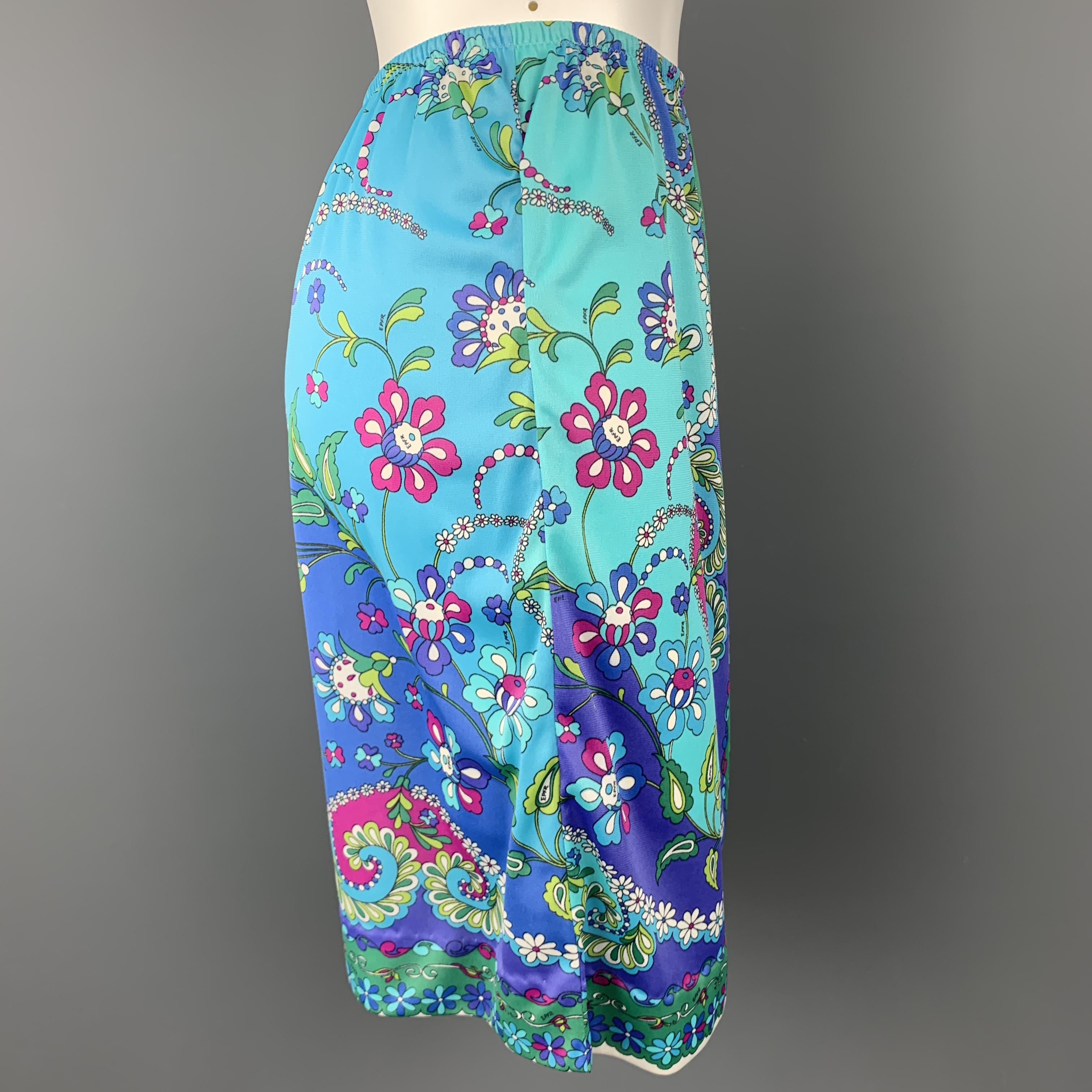 Women's EMILIO PUCCI Vintage Size M Blue & Green FLoral Print Nylon Jersey Skirt