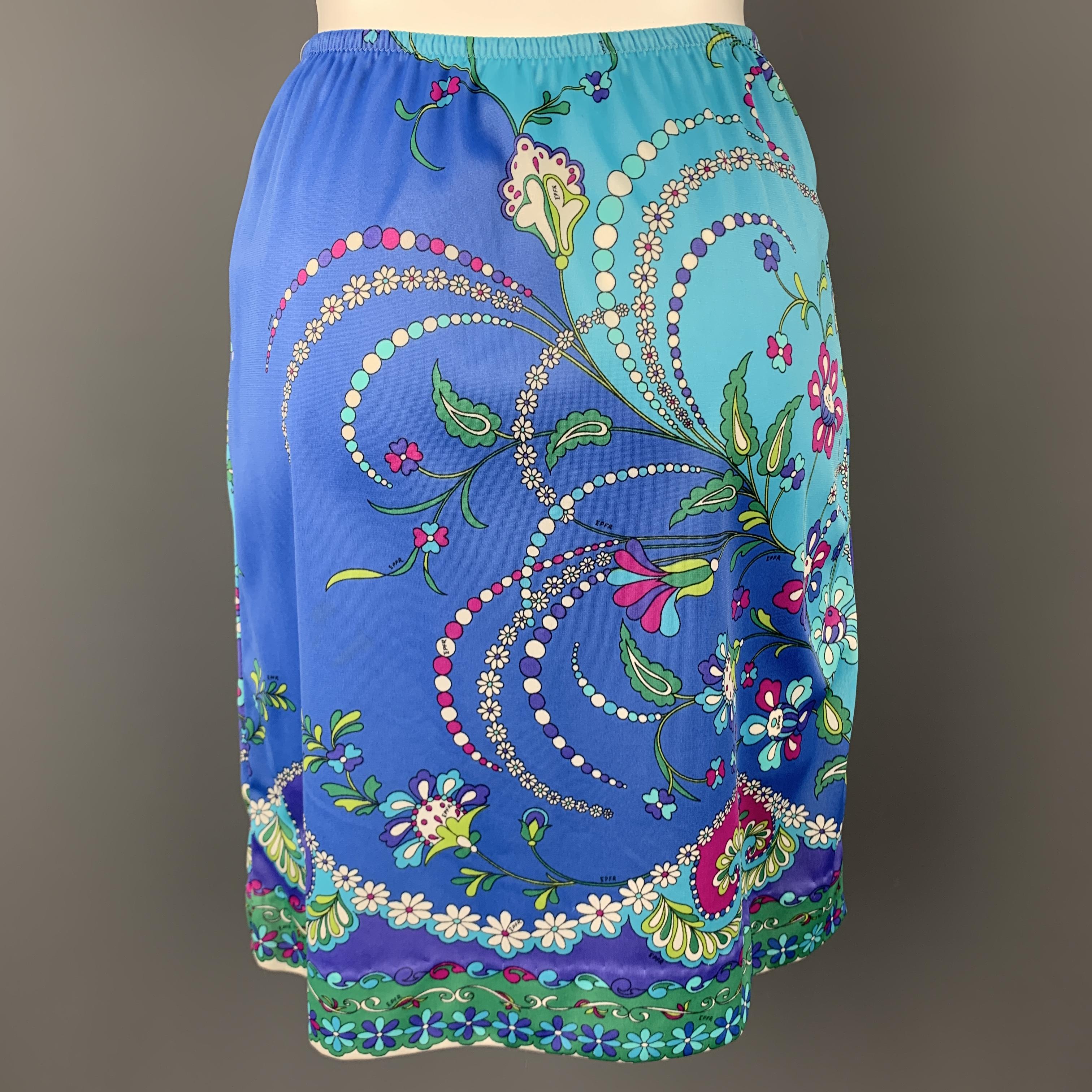 EMILIO PUCCI Vintage Size M Blue & Green FLoral Print Nylon Jersey Skirt 1