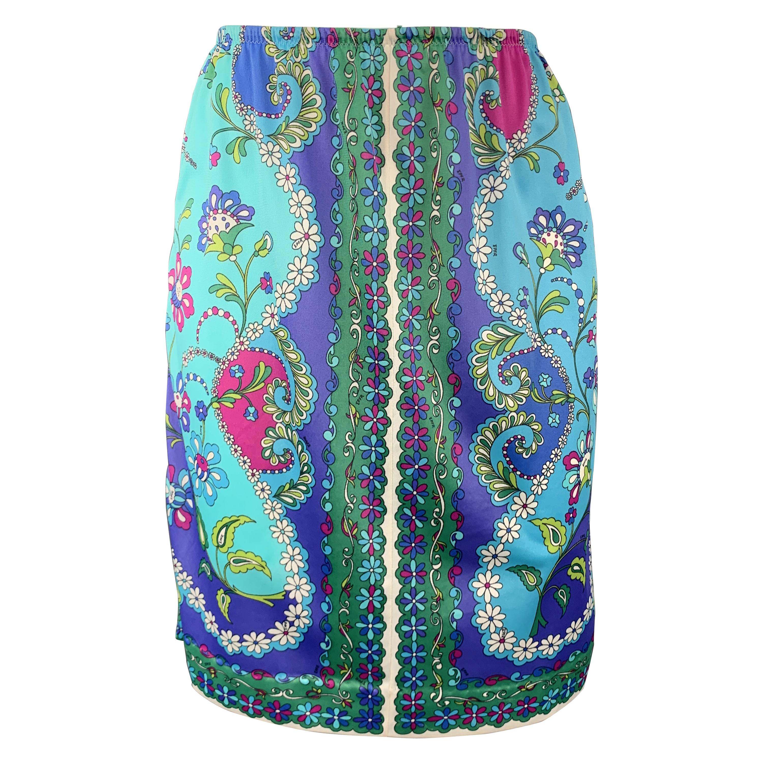 EMILIO PUCCI Vintage Size M Blue & Green FLoral Print Nylon Jersey Skirt