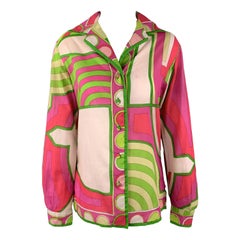 EMILIO PUCCI Vintage Taille M Fuchsia & Vert Imprimé Coton Col Etendu Blouse