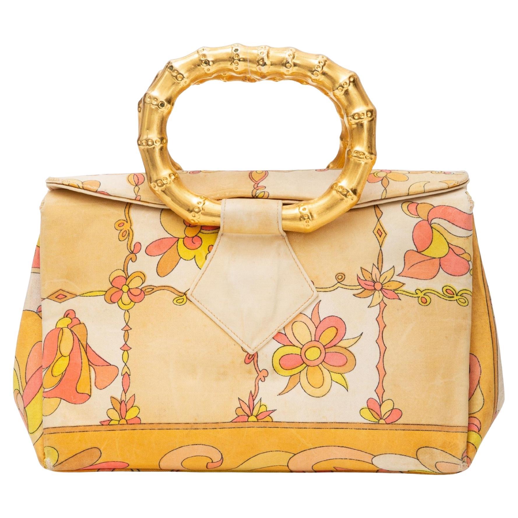 Emilio Pucci Vintage Yellow Floral Gold Top Handle Bag