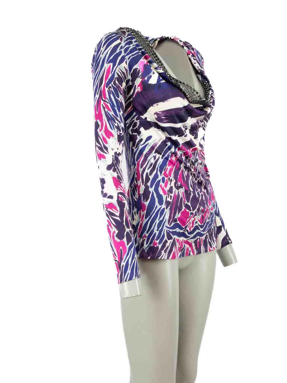 CONDITION is Very good. Hardly any visible wear to top is evident on this used Emilio Pucci designer resale item.

 Details
 Violet
 Silk
 Top
 Abstract pattern
 Crystal embellished neck
 Long sleeves
 Wide neck

 Made in Italy
 
 Composition: 90%