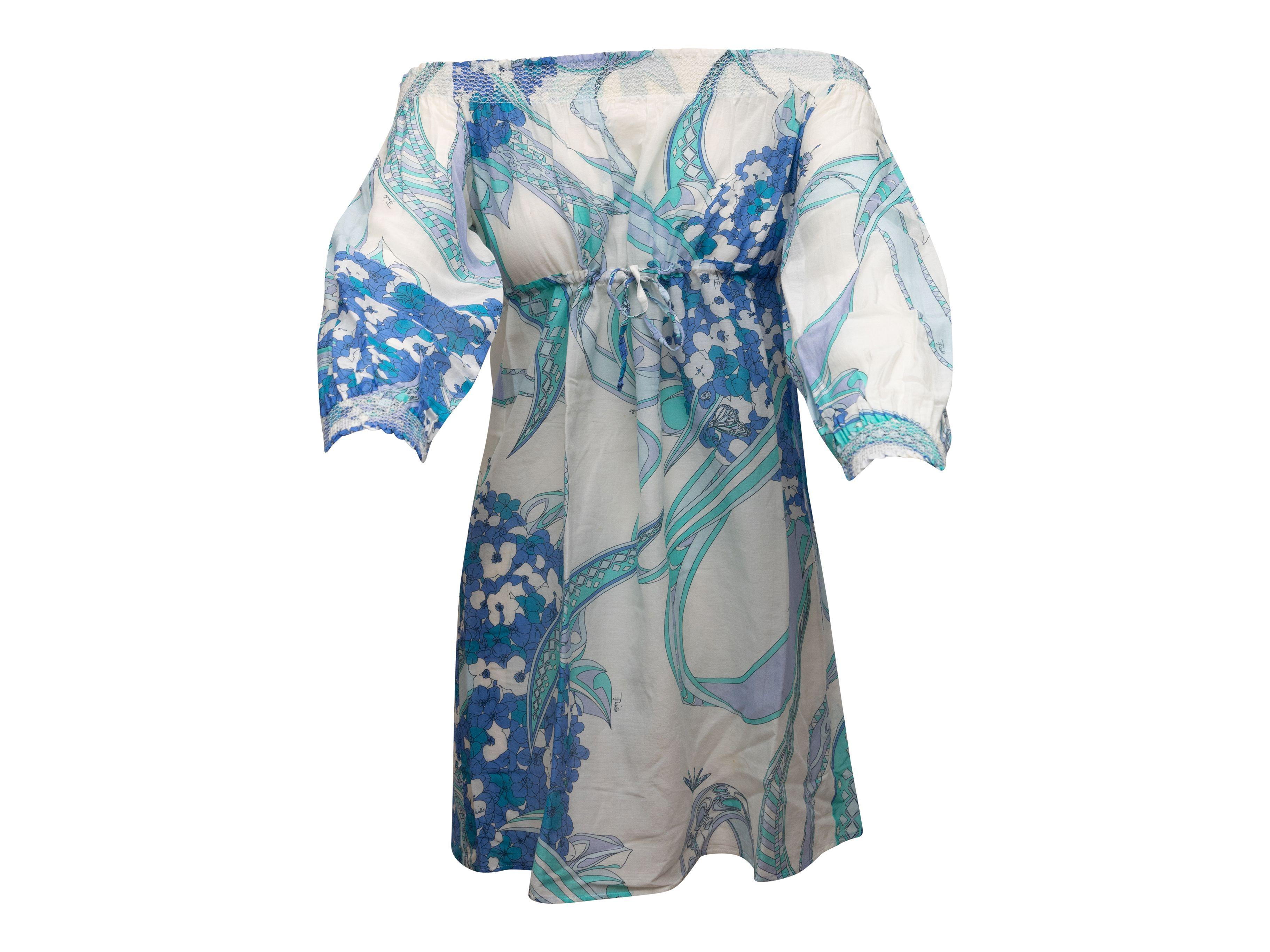 Emilio Pucci White & Blue Off-The-Shoulder Printed Dress In Good Condition In New York, NY