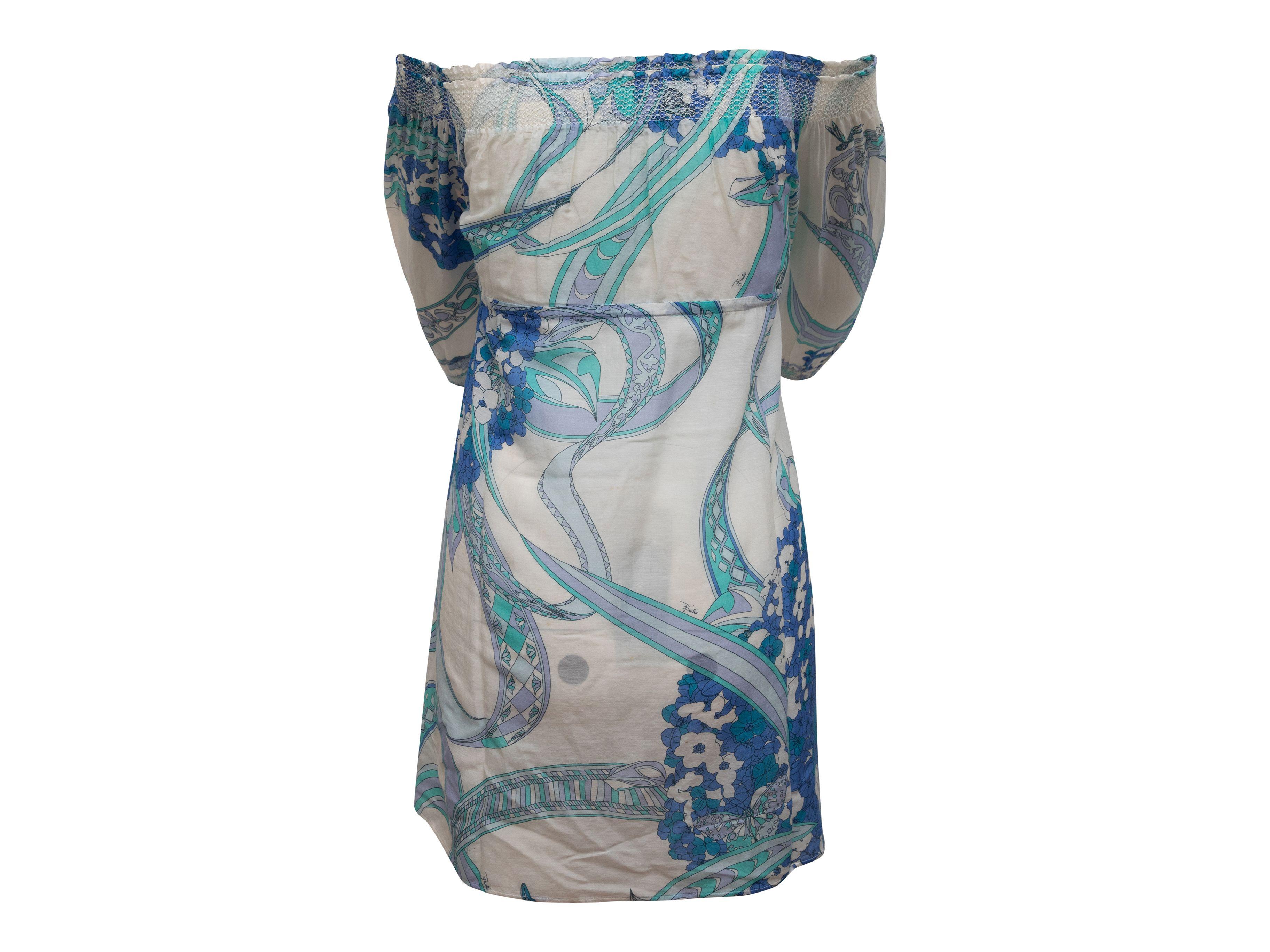 Emilio Pucci White & Blue Off-The-Shoulder Printed Dress 1