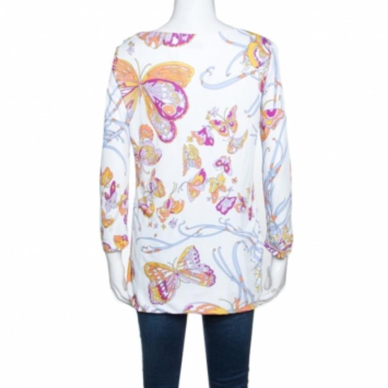 Emilio Pucci White Butterfly Print Knit Tunic Top M Gris en venta