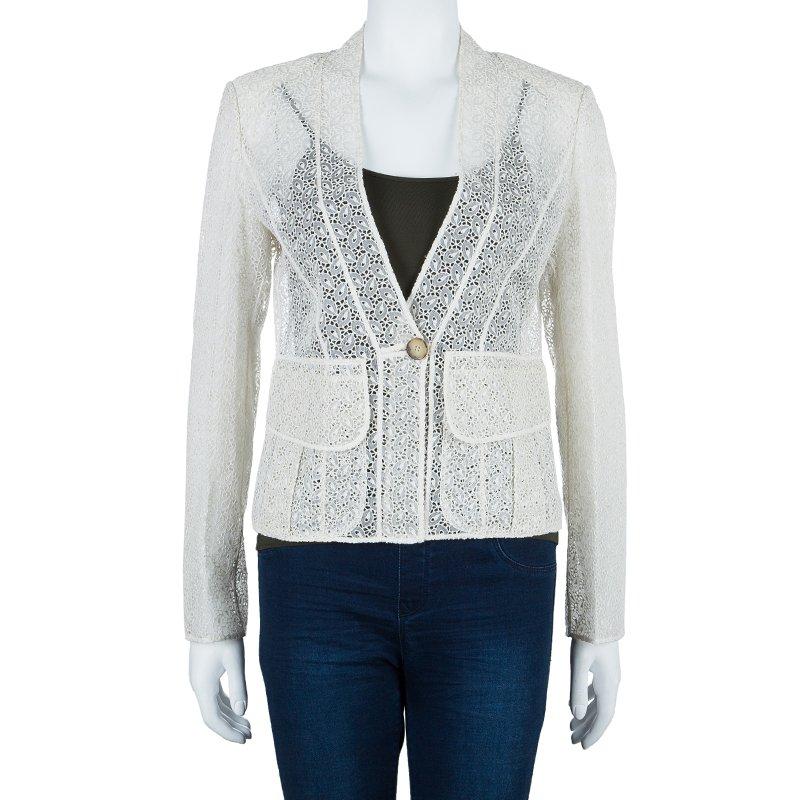 This stunningly feminine and chic jacket from Emilio Pucci will add a touch of elegance to your style. It features perforated eyelet pattern in white, a button closure and two front flap pockets.

Includes: TLC Packaging

The Luxury Closet is an