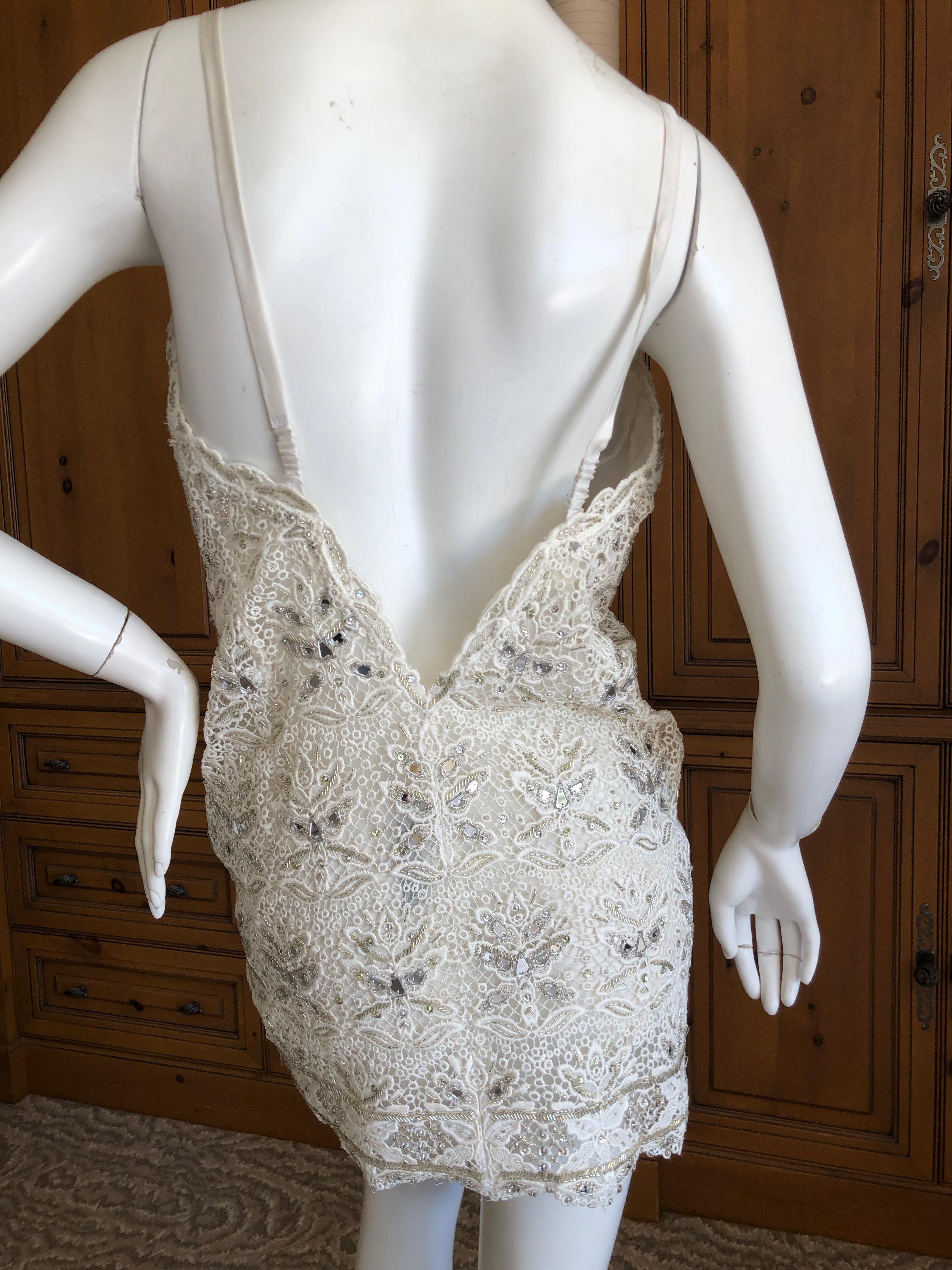 Emilio Pucci White Lace Micro Mini Dress with Mirror and Bead Embellishment Sz 4 In Excellent Condition For Sale In Cloverdale, CA