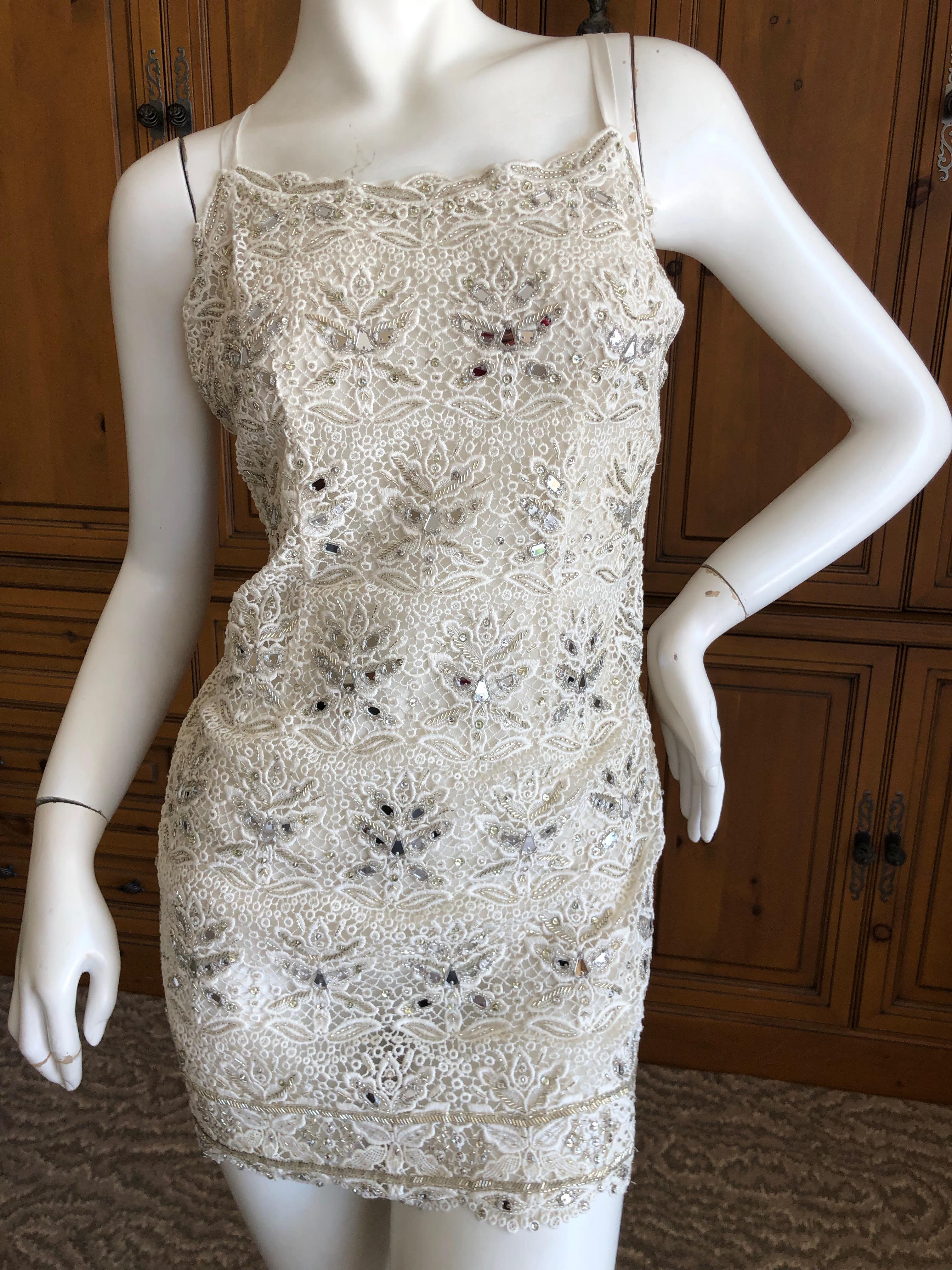 Women's Emilio Pucci White Lace Micro Mini Dress with Mirror and Bead Embellishment Sz 4 For Sale
