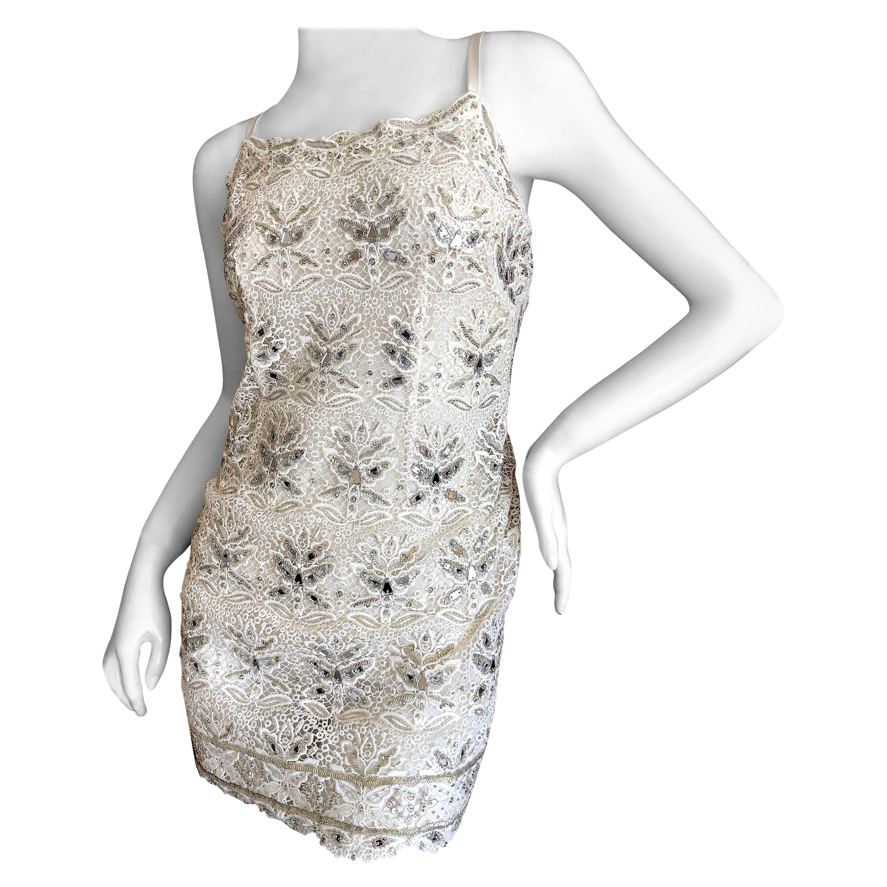 Emilio Pucci White Lace Micro Mini Dress with Mirror and Bead Embellishment Sz 4 For Sale
