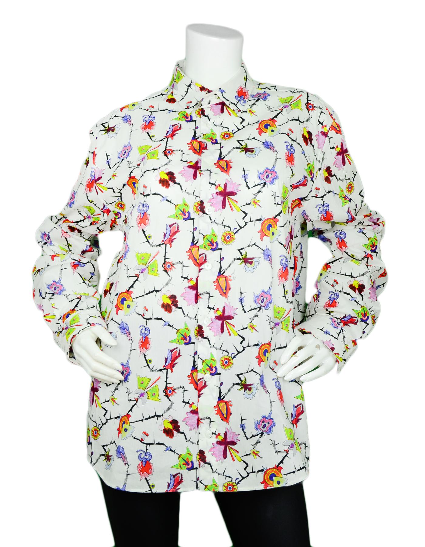 Emilio Pucci White Printed Long Sleeve Blouse sz Medium 

Made In: Italy
Color: White, multicolor
Materials: 99% polyester, 1% cotton
Opening/Closure: Button-down closure
Overall Condition: Very good pre-owned condition, with light stain to