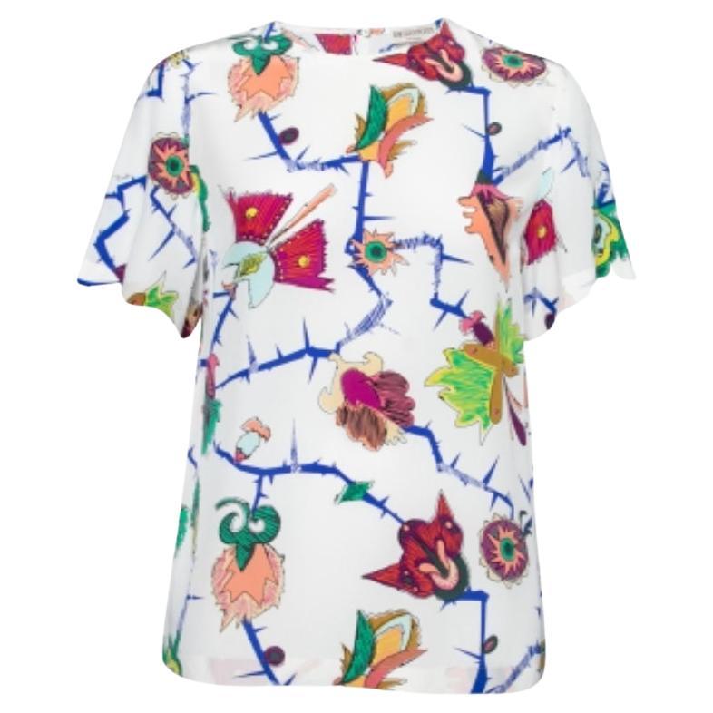 Emilio Pucci White Printed Silk Round Neck Short Sleeve Top S For Sale