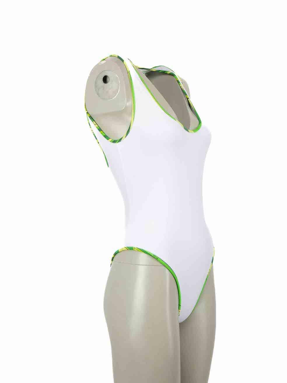 CONDITION is Never worn, with tags. No visible wear to swimsuit is evident, chipping to clasp due to poor storage can be seen on this new Emilio Pucci designer resale item.
 
Details
White
Synthetic
Swimsuit
Green patterned trim
Back neck clasp