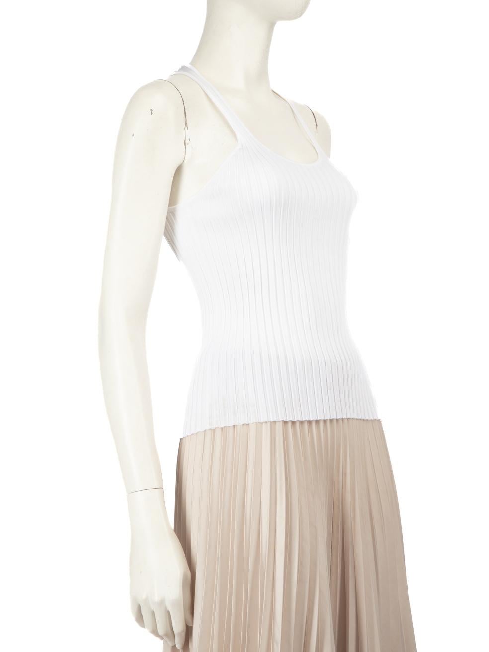 CONDITION is Very good. Hardly any visible wear to top is evident on this used Emilio Pucci designer resale item.
 
 Details
 White
 Viscose
 Tank top
 Stretchy
 Ribbed knit
 Round neck
 
 
 Made in Italy
 
 Composition
 100% Viscose
 
 Care