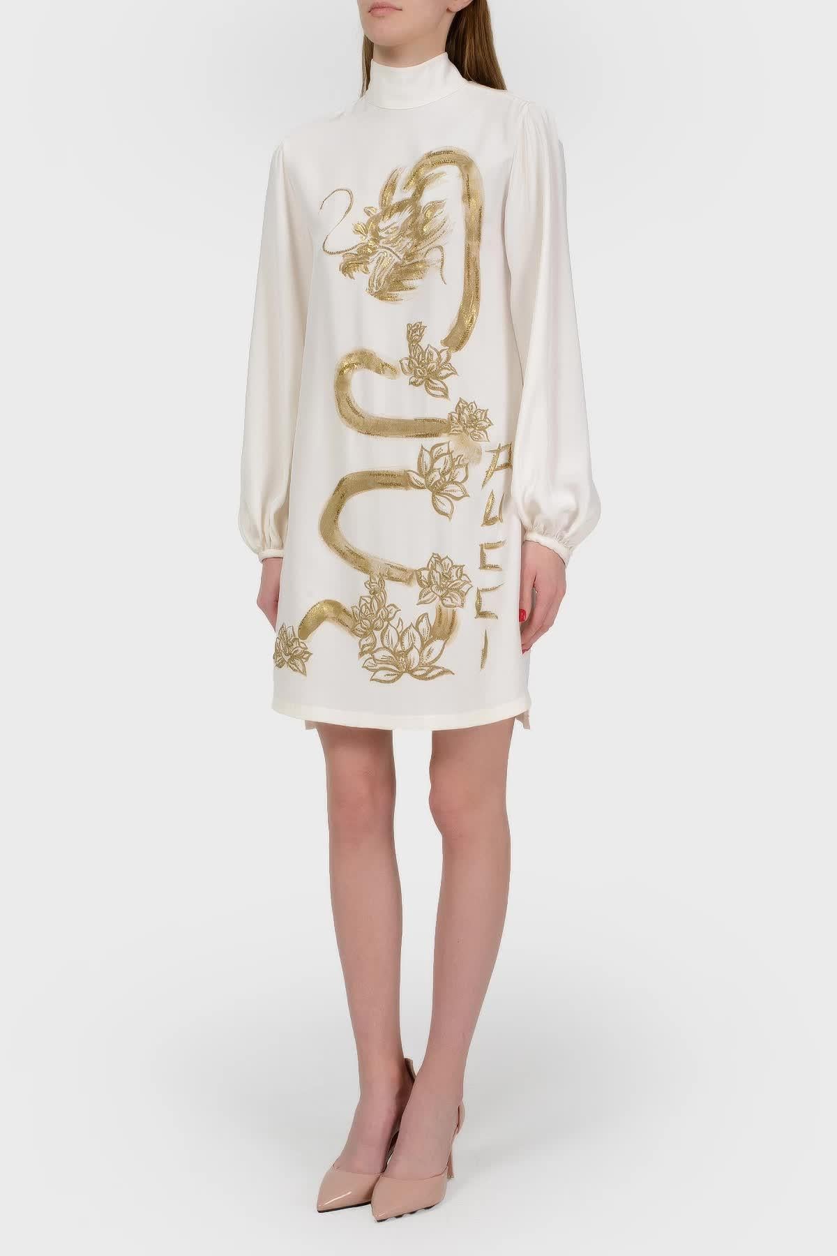 Emilio Pucci Vestido de Seda Blanco con Dragón Dorado en Excelente estado para la venta en Montgomery, TX