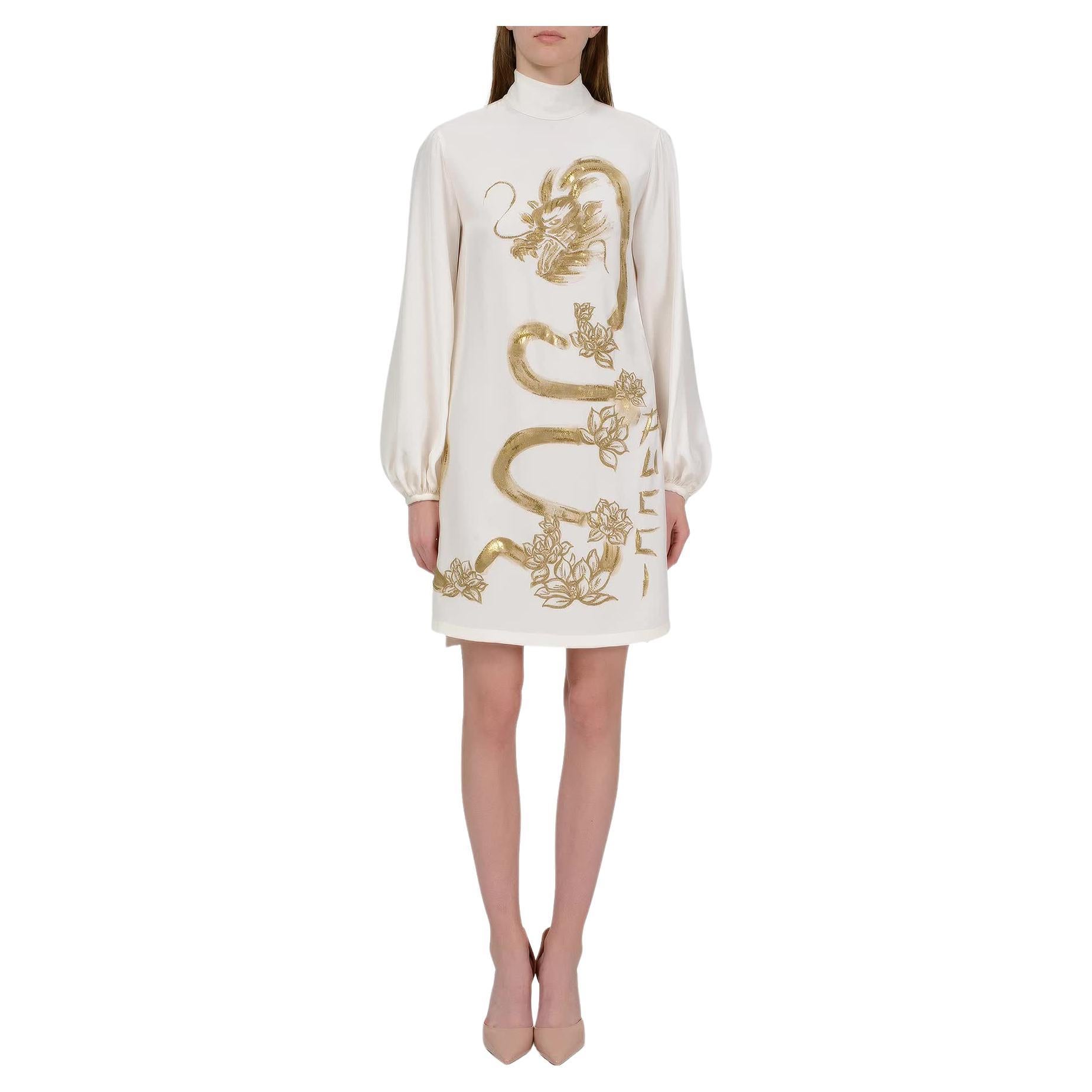 Emilio Pucci White Silk Dress with Gold Dragon 