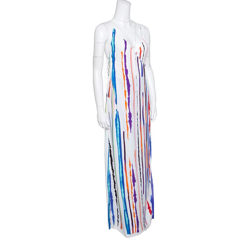 Emilio Pucci White Striped Pleated Tie Detail Maxi Dress S 1
