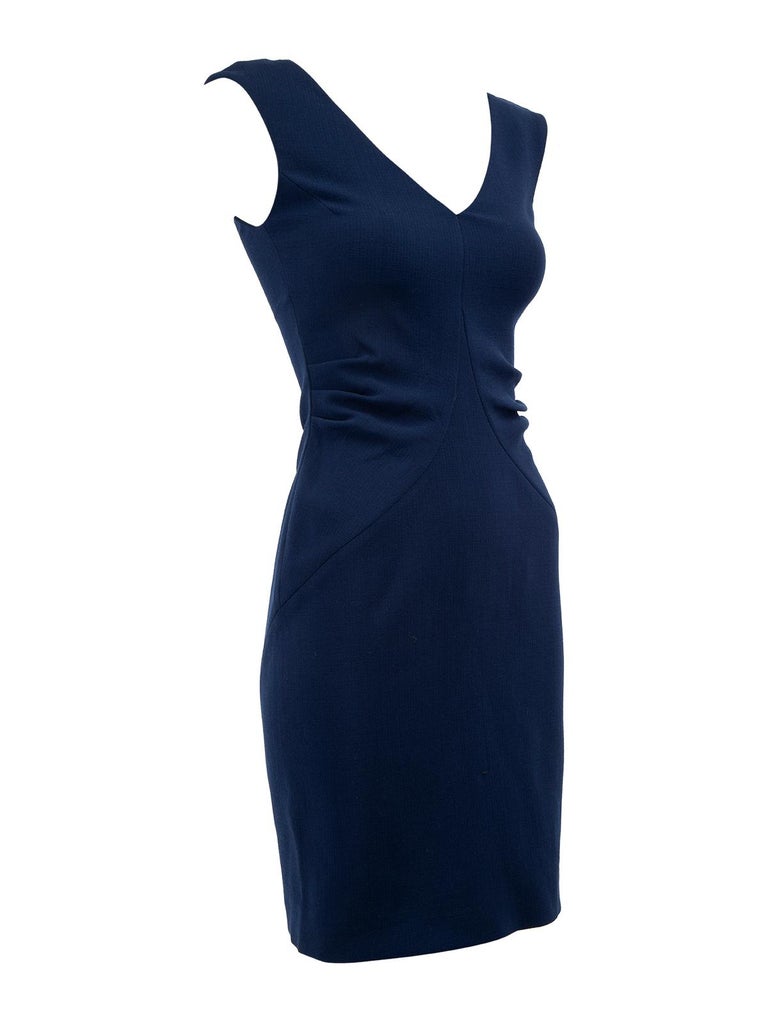 CONDITION is Never worn, with tags. No visible wear to dress is evident on this new Emilio Pucci designer resale item. Details Navy blue Wool Sheath dress Gathered detail on waist V neckline Gold tone side zip fastening Fully lined with silk Made in