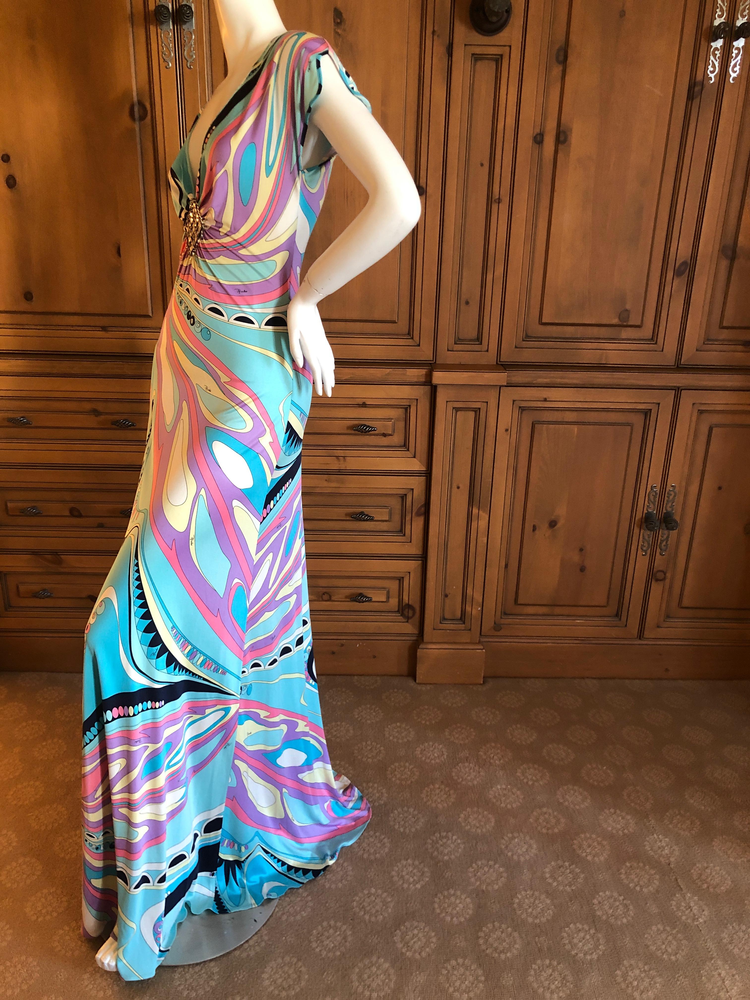 Emilio Pucci Wonderful Low Cut Embellished Silk Jersey Evening Dress Size 6  In Excellent Condition For Sale In Cloverdale, CA