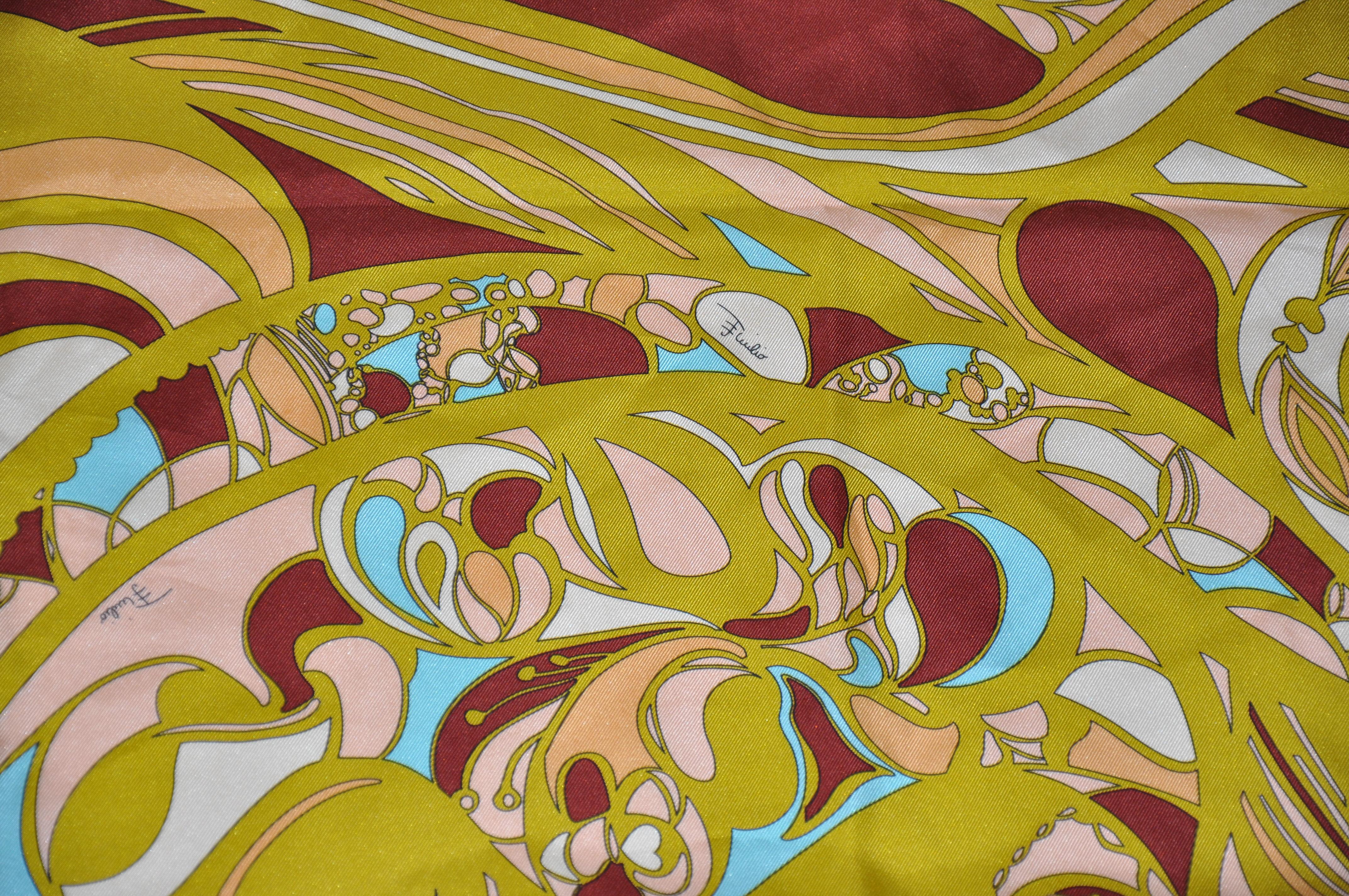 Emilio Pucci wonderfully warm brown borders with signature print silk jacquard scarf accented with hand-rolled edges, measures 34 inches by 34 1/2 inches. Made in Italy.