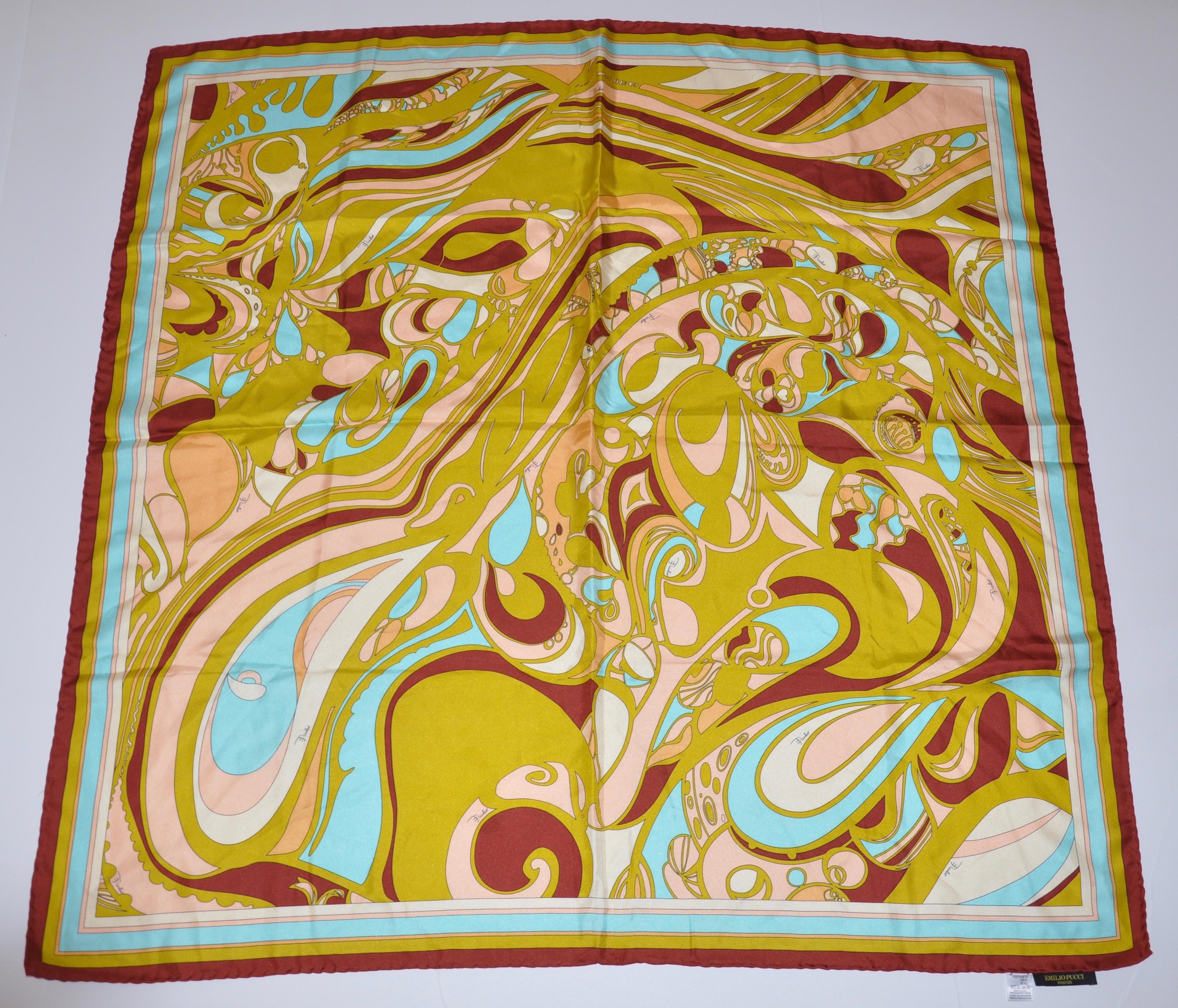 Women's or Men's Emilio Pucci Wonderfully Warm Brown Borders Signature Print Silk Jacquard Scarf For Sale