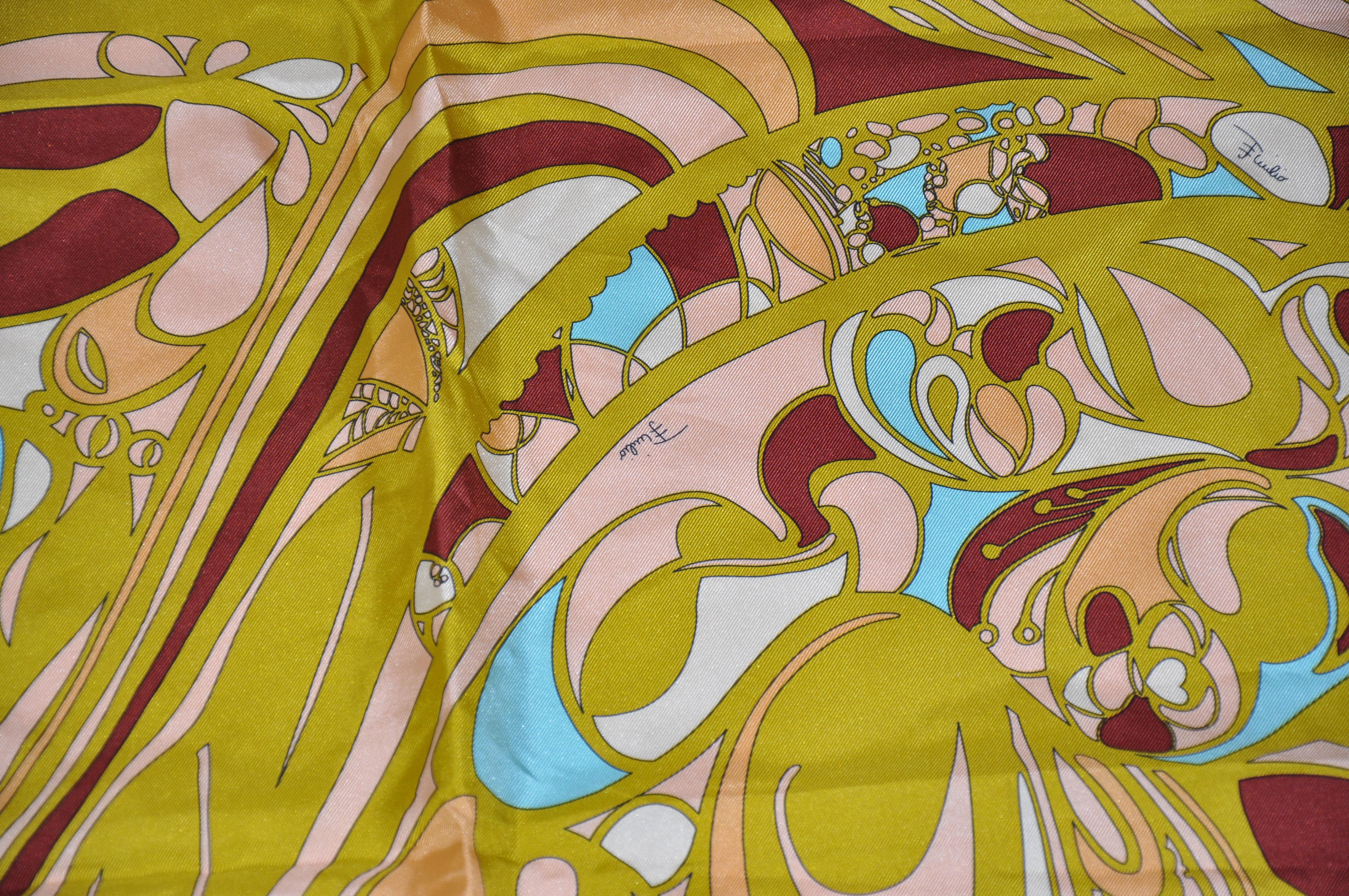 Emilio Pucci Wonderfully Warm Brown Borders Signature Print Silk Jacquard Scarf For Sale 2