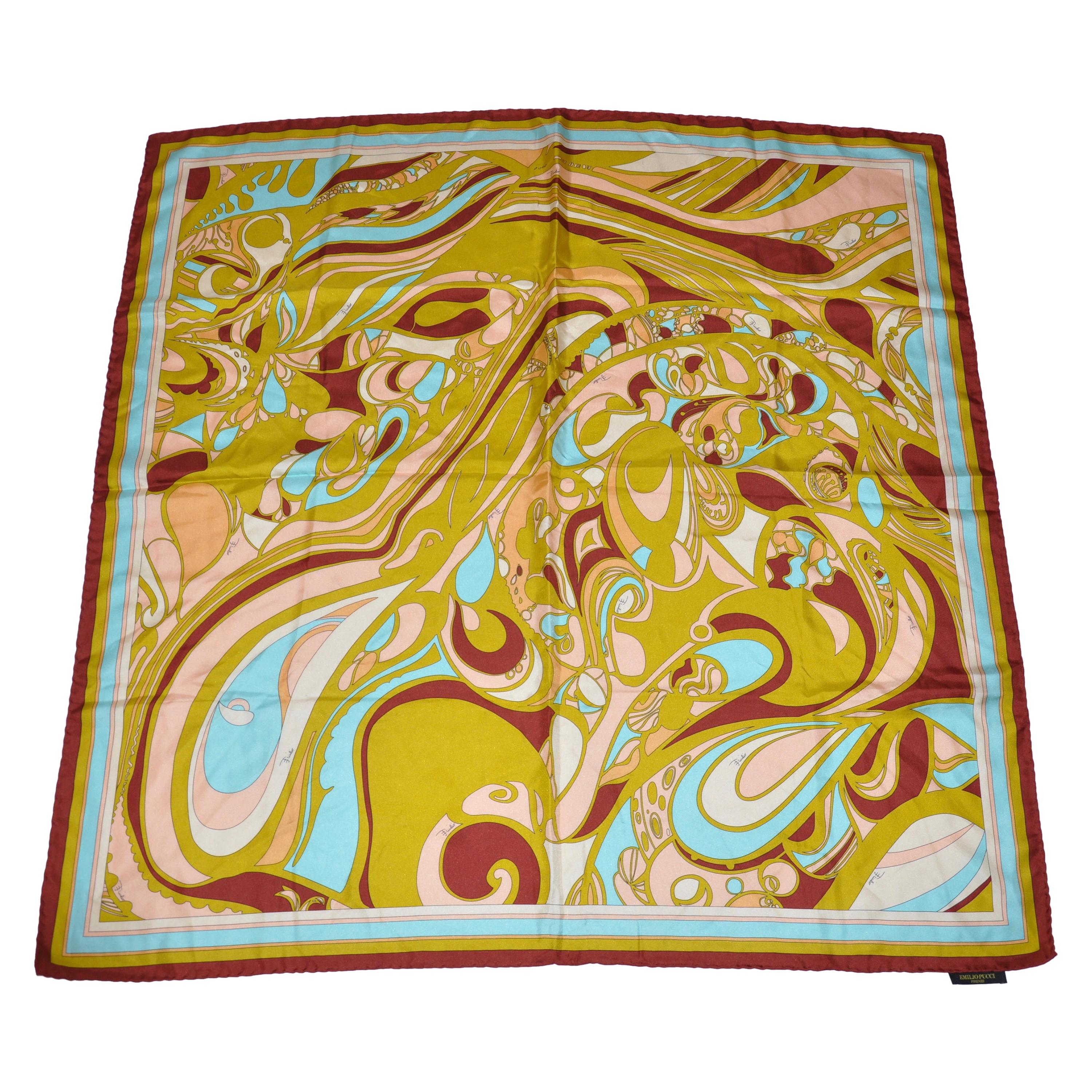 Emilio Pucci Wonderfully Warm Brown Borders Signature Print Silk Jacquard Scarf For Sale