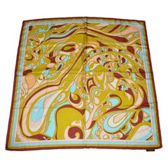 Retro Emilio Pucci Wonderfully Warm Brown Borders Signature Print Silk Jacquard Scarf