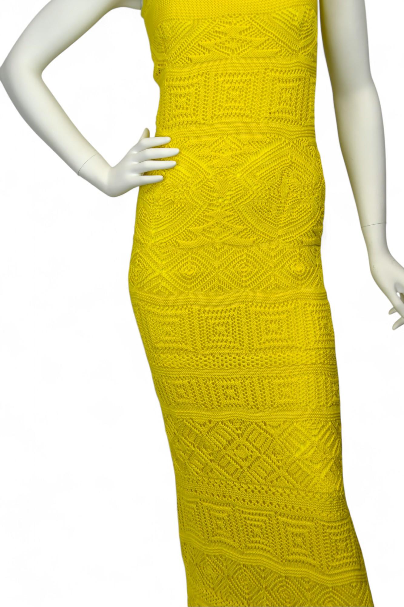 A radiant expression of Pucci’s vibrant design aesthetic, this yellow crochet knit maxi dress features a slim, column silhouette and intricate geometric patterns throughout. Crafted in Italy, it comes with a tonal slip for effortless wear. The