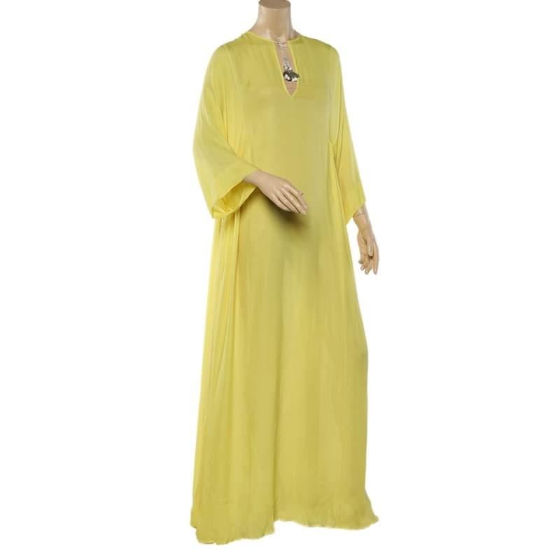 Emilio Pucci Yellow Silk Pleated Detail Kaftan Maxi Dress M In Good Condition In Dubai, Al Qouz 2