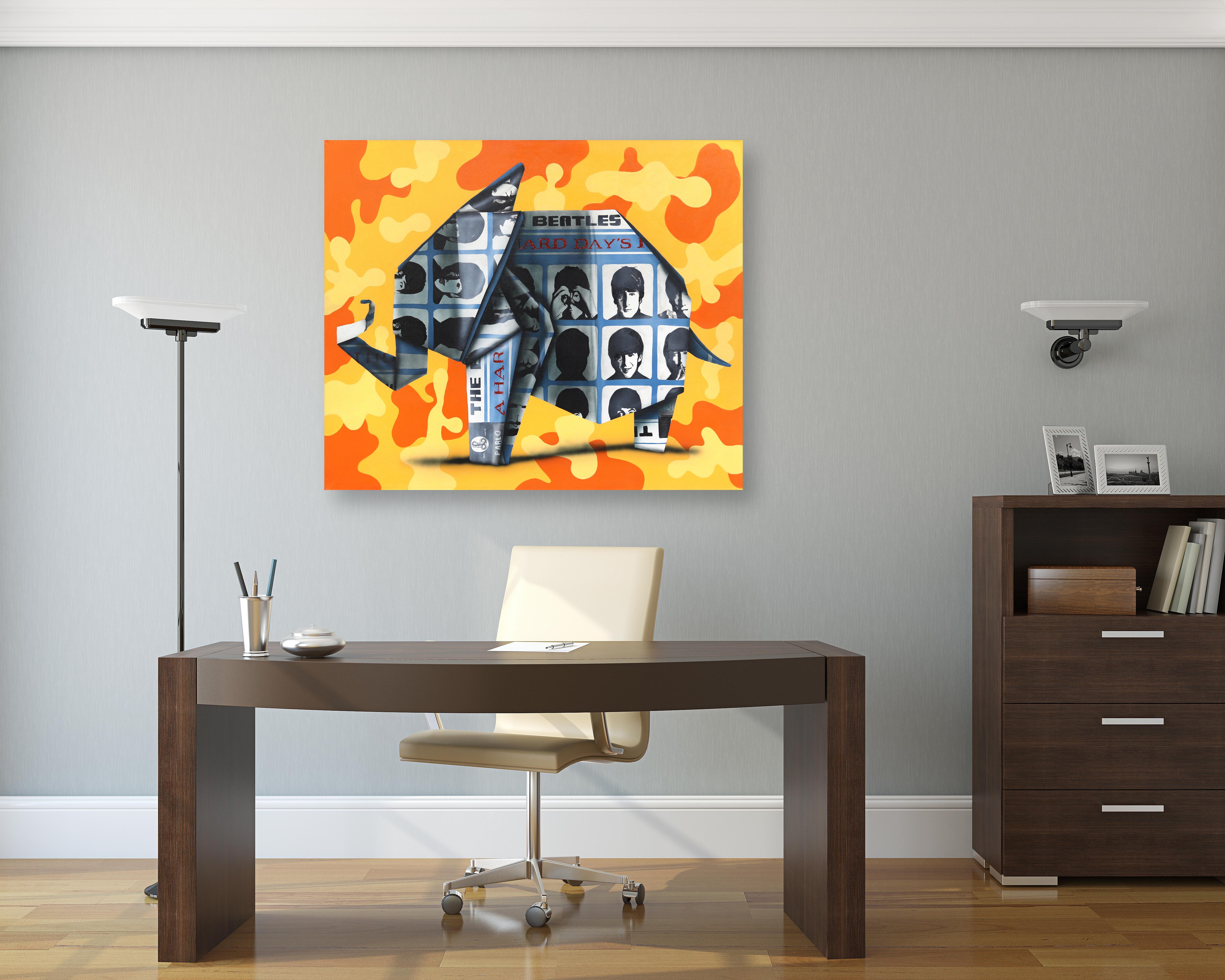 Honor Y Beatles 2 - Pittura figurativa su tela ispirata agli origami - Painting di Emilio Rama
