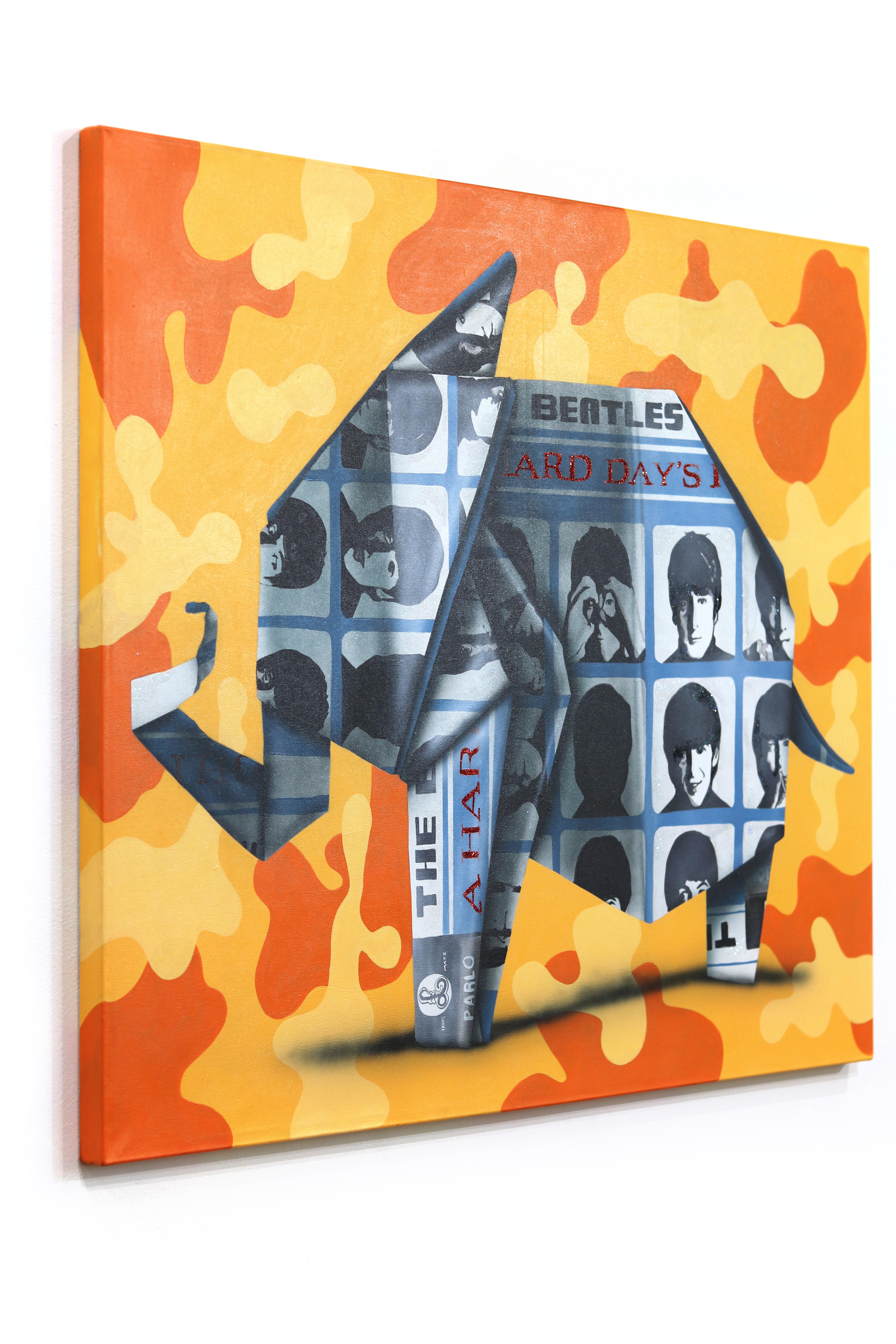 Honor Y Beatles 2 - Pittura figurativa su tela ispirata agli origami - Figurative Painting Arancia di Emilio Rama