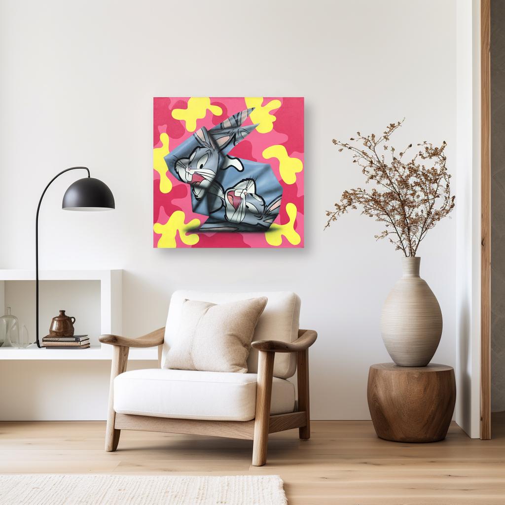 Honor Y Conejos - Pittura figurativa su tela ispirata ai Looney Tunes, origami - Painting di Emilio Rama
