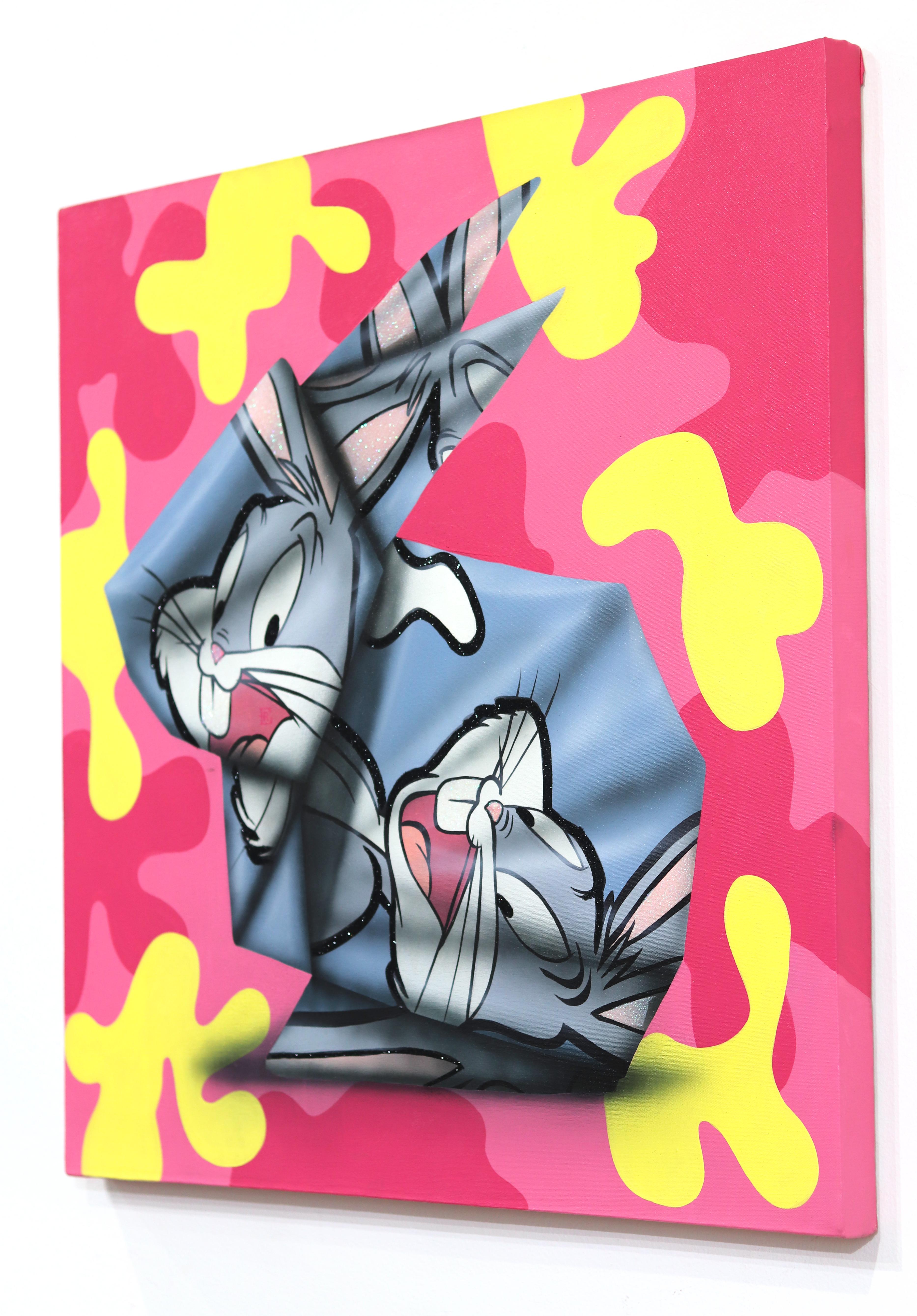 Honor Y Conejos - Pittura figurativa su tela ispirata ai Looney Tunes, origami - Animal Painting Rosa di Emilio Rama