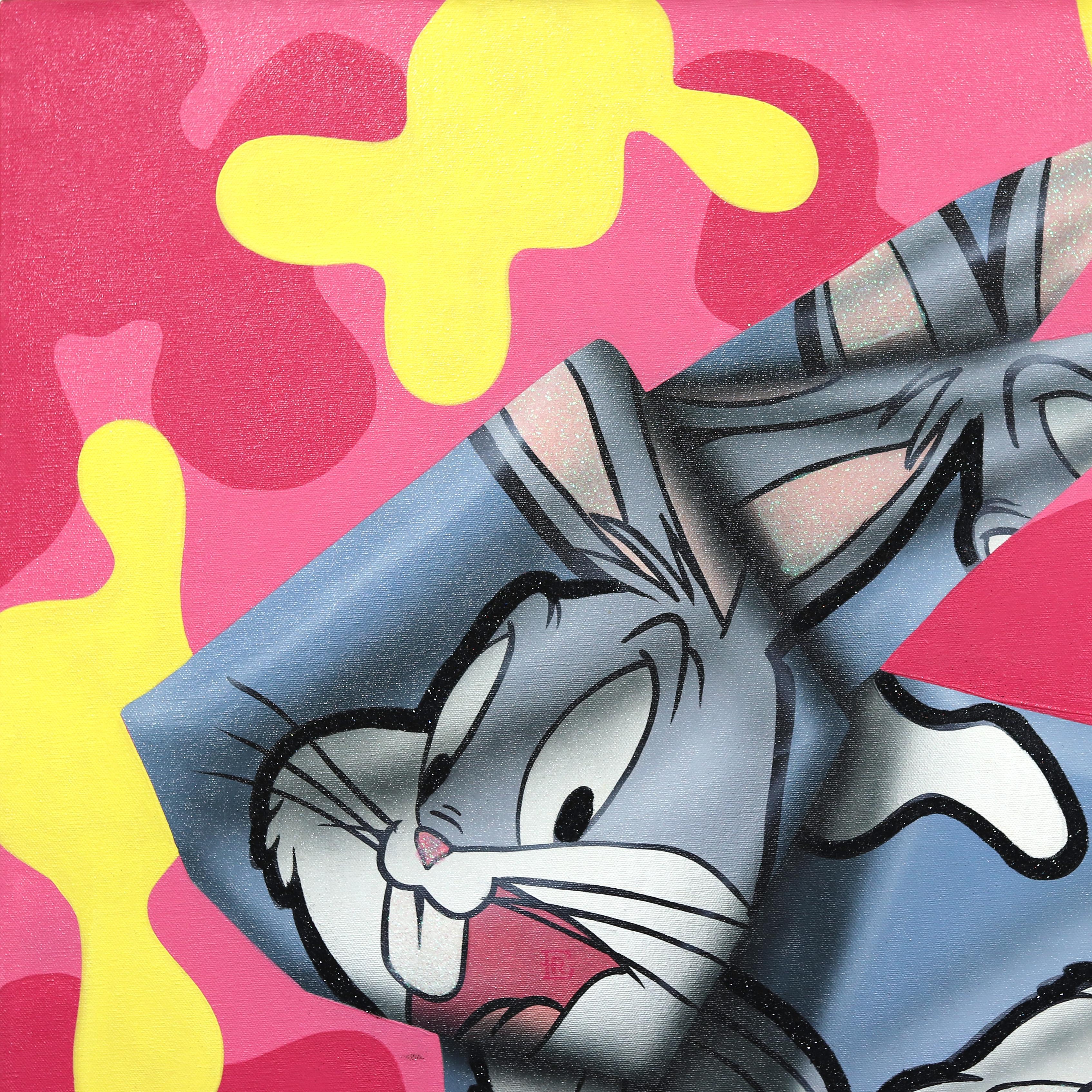 Honor Y Conejos - Pittura figurativa su tela ispirata ai Looney Tunes, origami in vendita 2