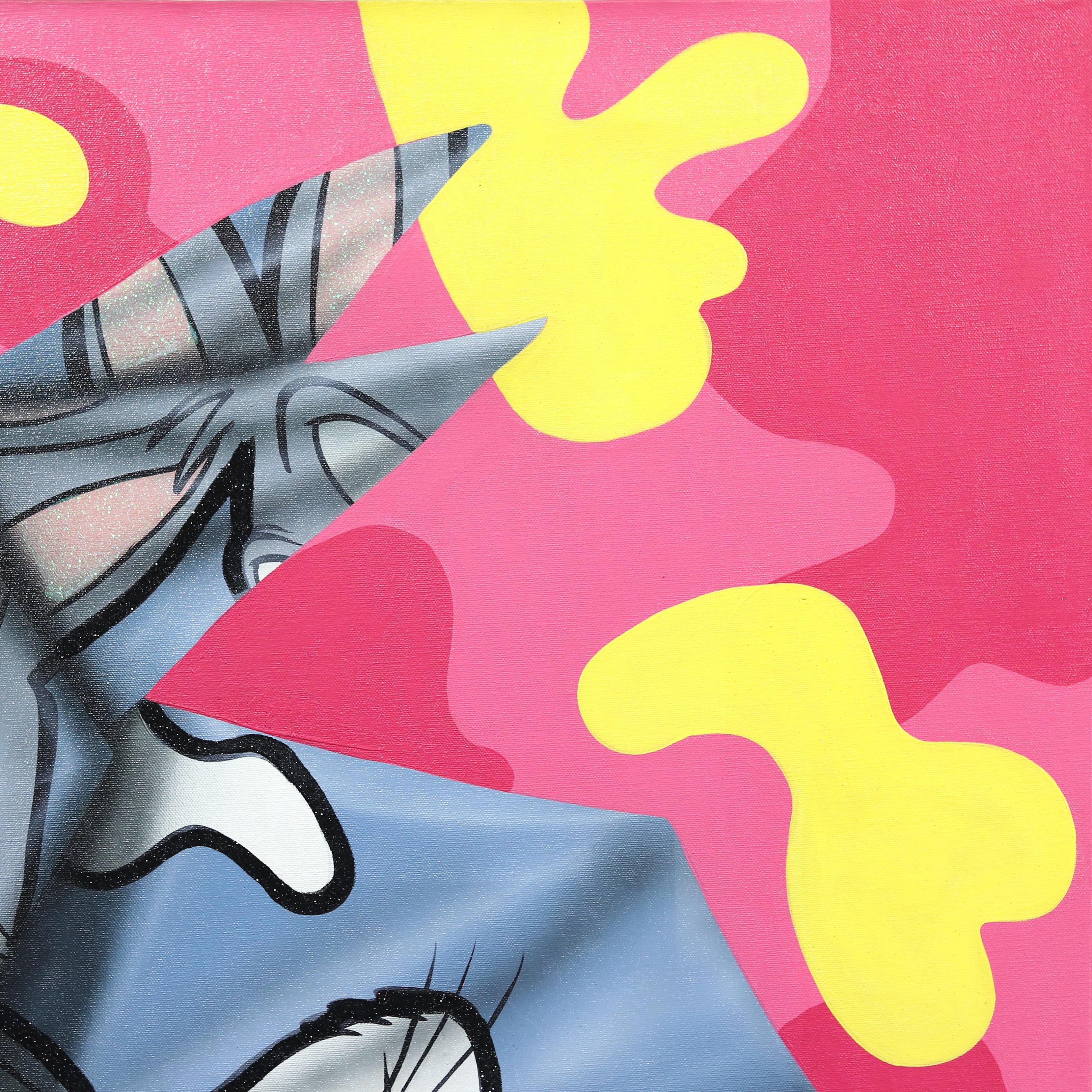 Honor Y Conejos - Pittura figurativa su tela ispirata ai Looney Tunes, origami in vendita 4