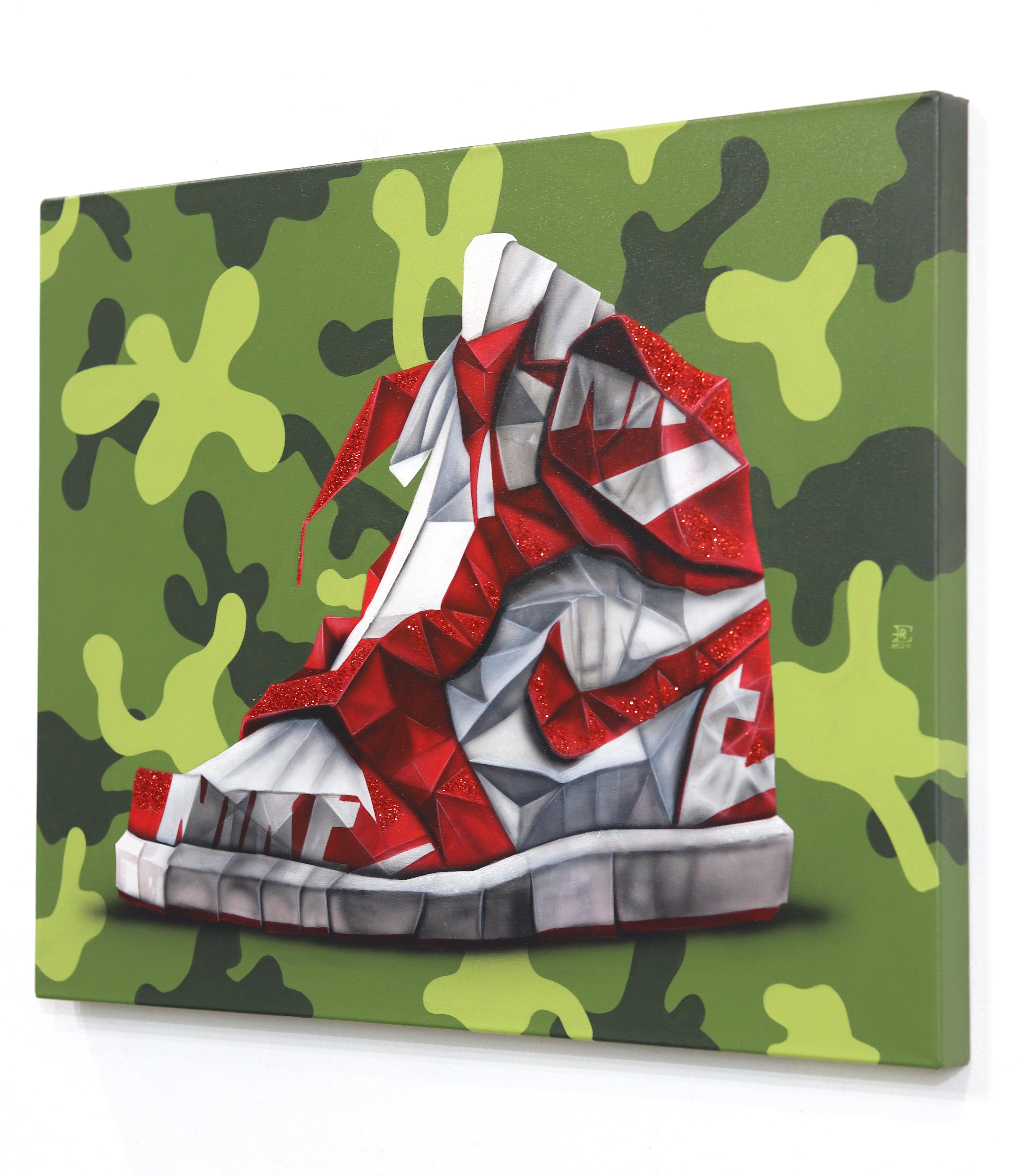 Jordan I - Pittura mimetica su tela ispirata alla natura morta della sneaker ispirata agli origami - Still-Life Painting Marrone di Emilio Rama