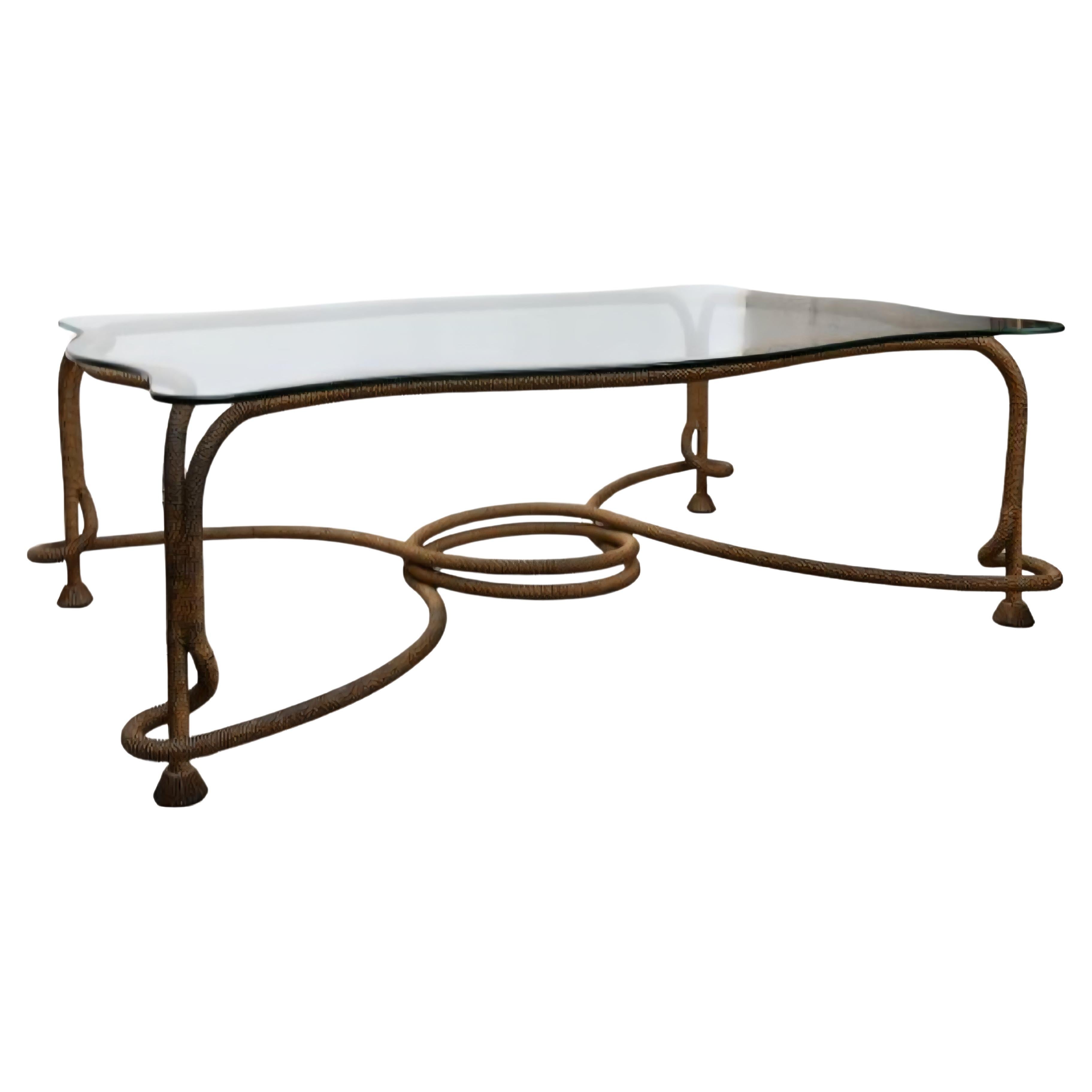 Emilio Rey Coffee Table, Spain, 1970s — Gilt Metal and Wavy Glass Top