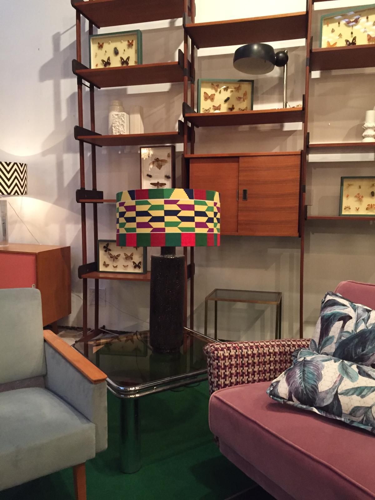 Emilio Rey Cylindrical Black Kitenge Handmade Ceramic Table Lamp, French, 1950 In Good Condition For Sale In Madrid, ES