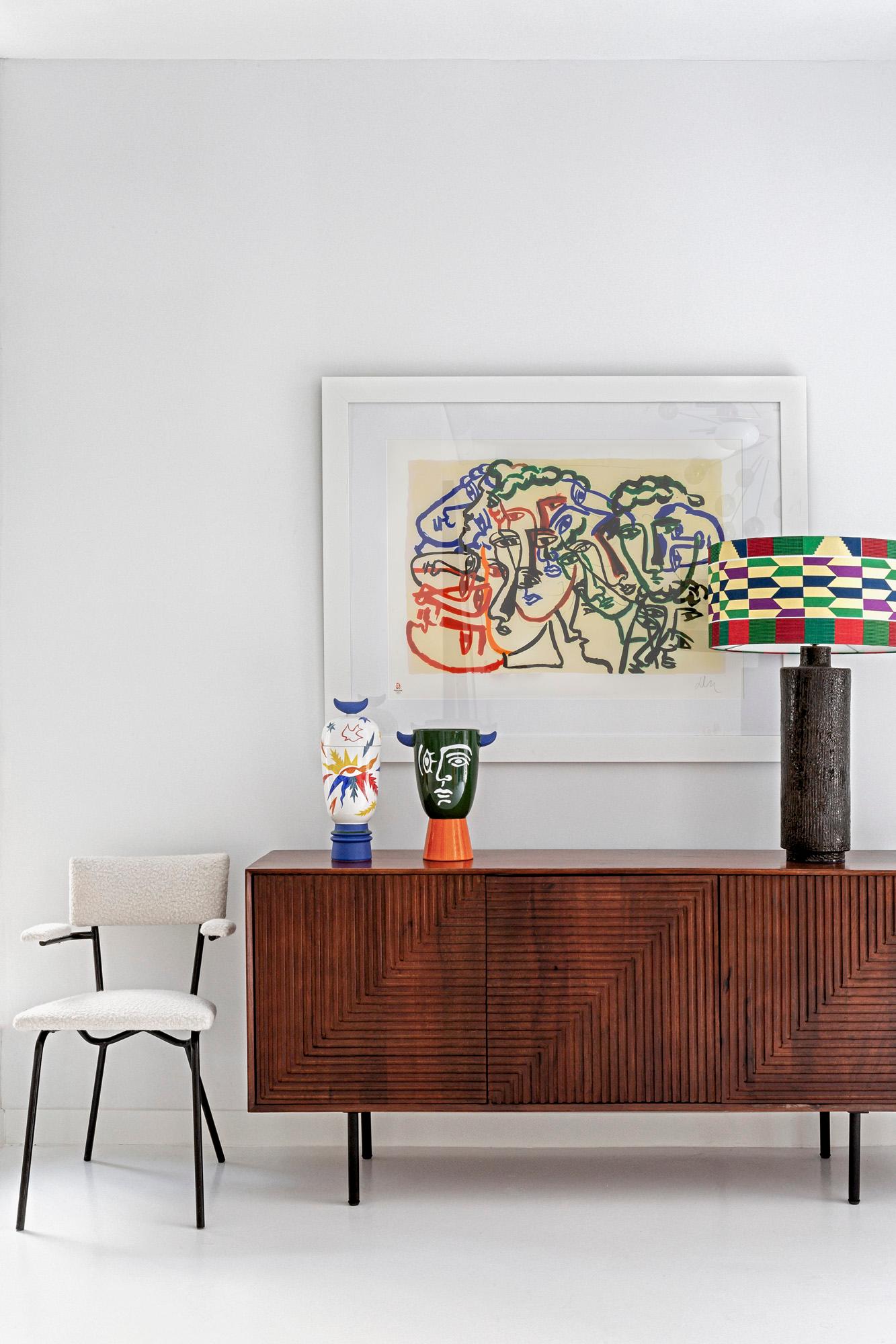 Mid-20th Century Emilio Rey Cylindrical Black Kitenge Handmade Ceramic Table Lamp, French, 1950 For Sale