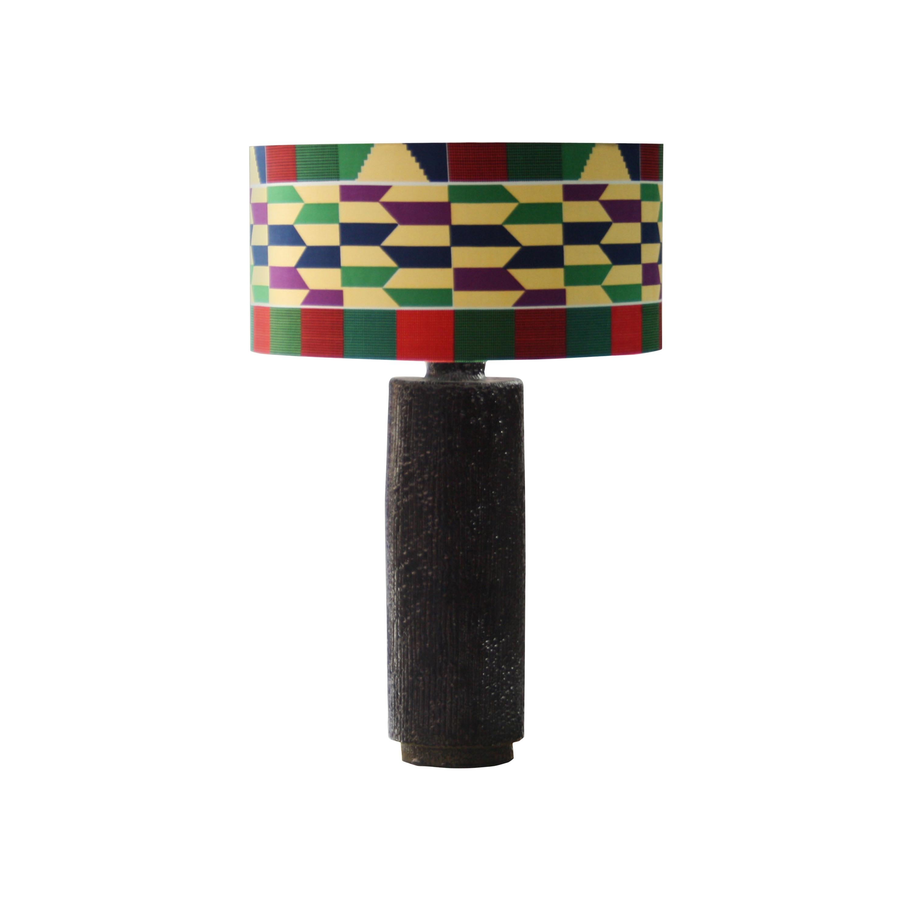 Emilio Rey Cylindrical Black Kitenge Handmade Ceramic Table Lamp, French, 1950