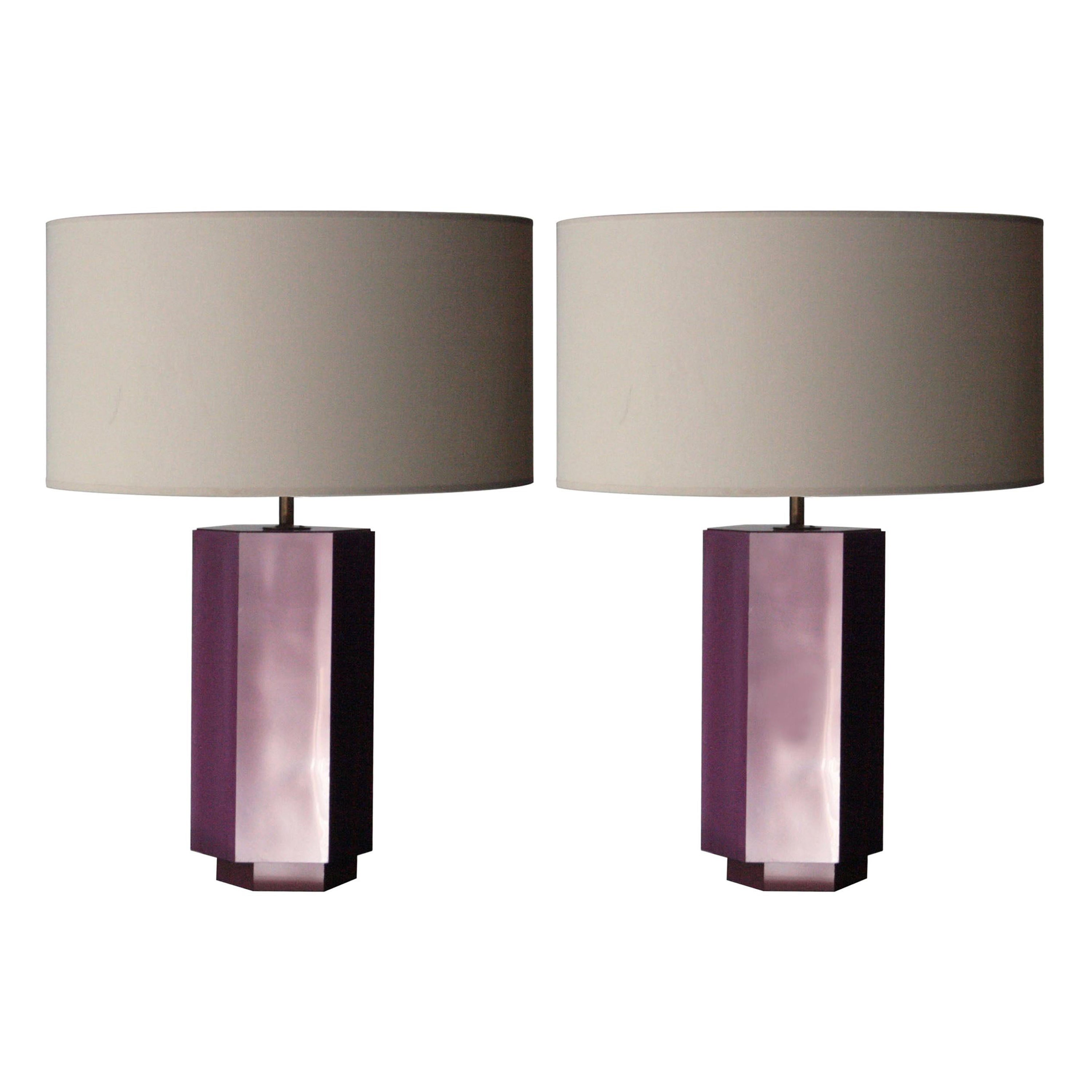 Emilio Rey Hexagonal Pink Bakelite Pair of Table Lamps, France, 1950