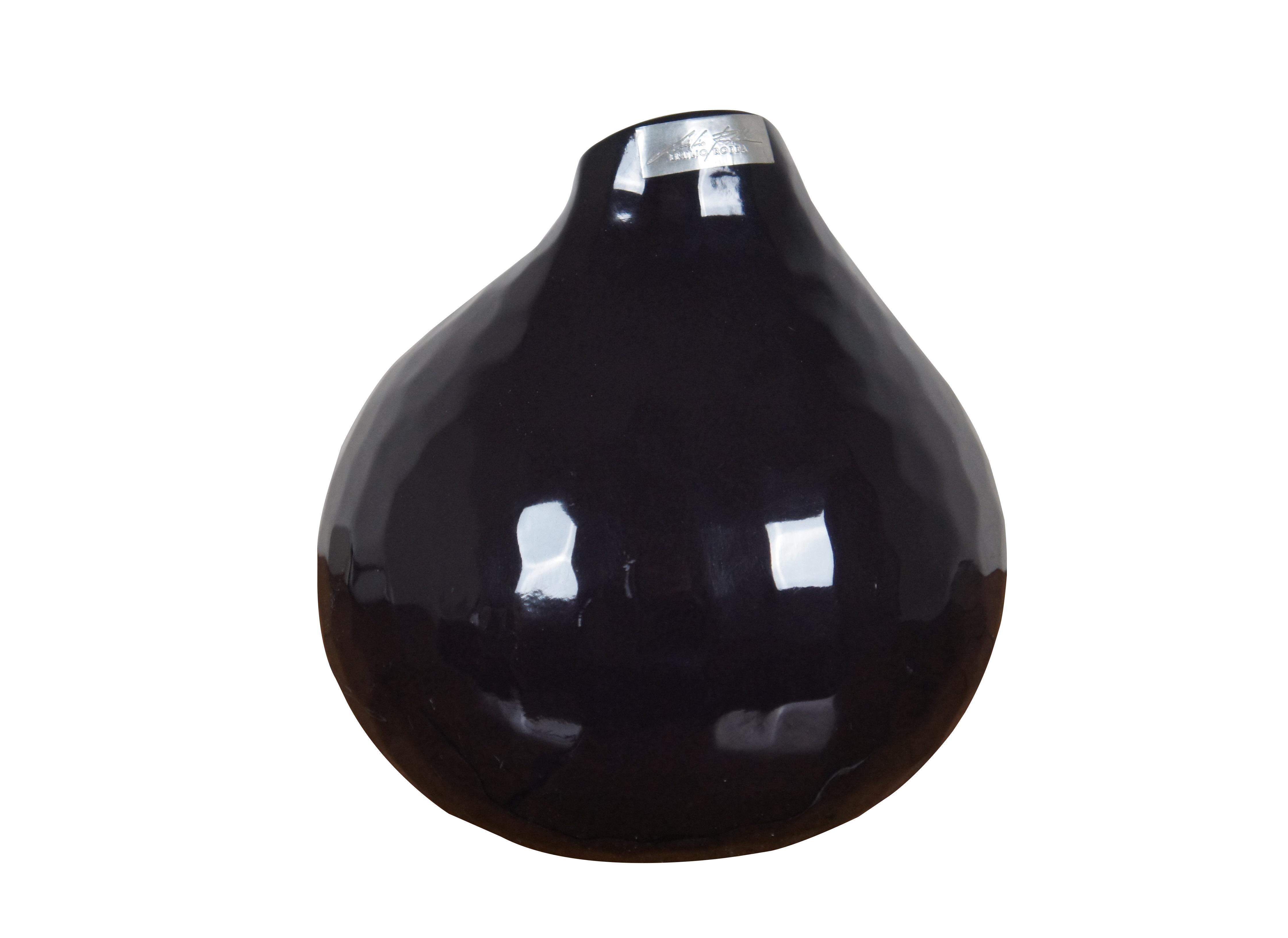 Rare French Emilio Robba dark purple lacquered boutique vase - round form with a hammered texture and tapered, angled opening trimmed with a trio of gold painted lines. Weighted base prevents vase from rocking or falling over. Silver plaque at top