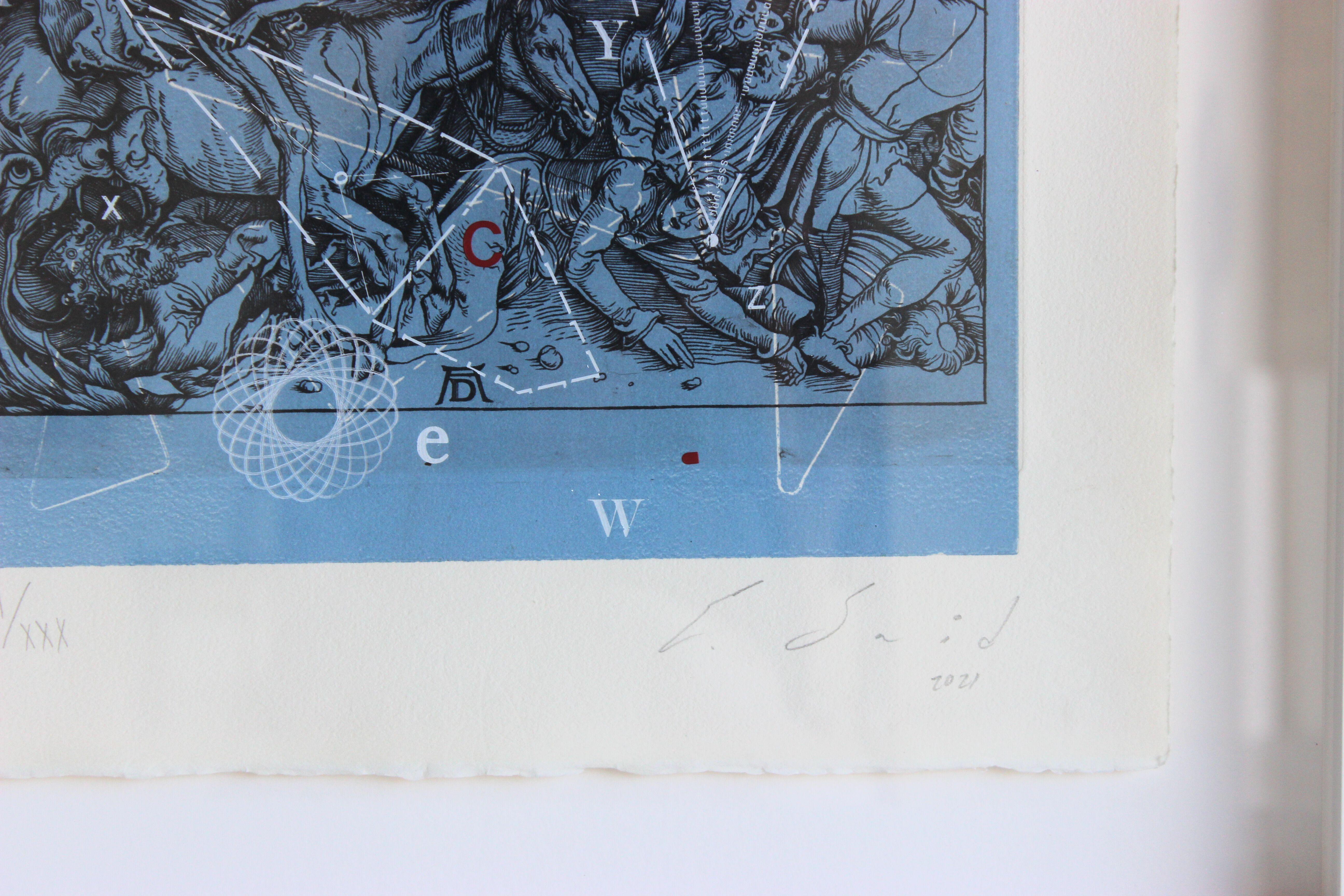 Meteorito encabronado sobre grabado de los 4 jinetes del apocalipsis de Durero - Contemporary Mixed Media Art by Emilio Said