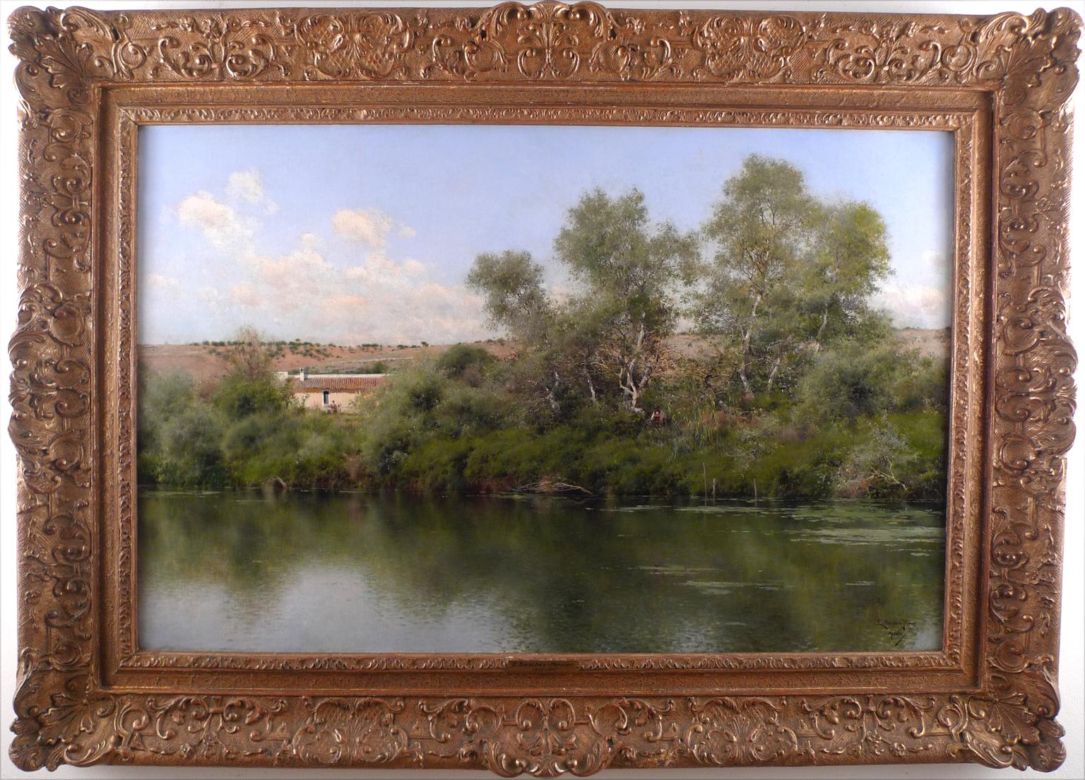 Figurative Painting de Emilio Sanchez-Perrier - Grande Emilio Sánchez Perrier "El río Guadaíra, Alcalá, Sevilla" Óleo sobre lienzo