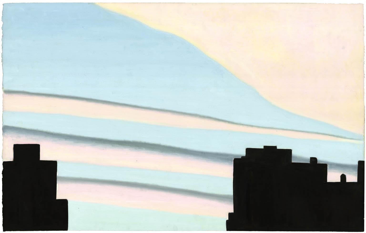 Emilio Sanchez Landscape Painting – New Yorker Sonnenuntergang, Rosa und Blau.