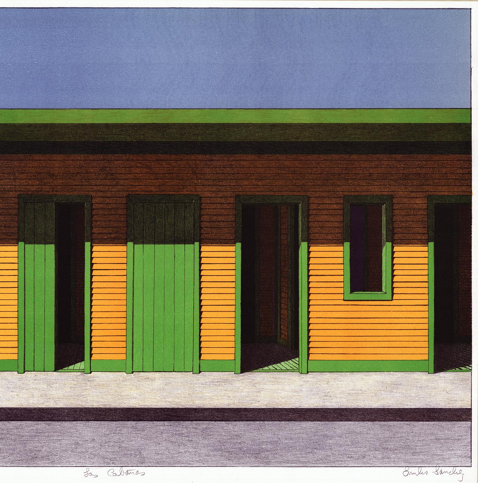 Emilio Sanchez (1921-1999) created this color lithograph entitled “LAS CABANAS” in 1996-98.  This impression is signed, titled, and inscribed in pencil. Estate stamped on verso.  The printed image size is 19.25 x 30 inches and paper size 20.38 x