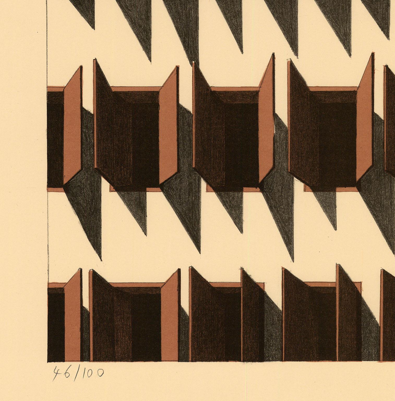 Emilio Sanchez (1921-1999) created this color lithograph entitled “Loft Windows” in 1988.  This impression is signed and inscribed “46/100” in pencil. The printed Image size is 25 x 19.38 inches (62.8 x 48.8 cm) and paper size 23 x 28.63 inches